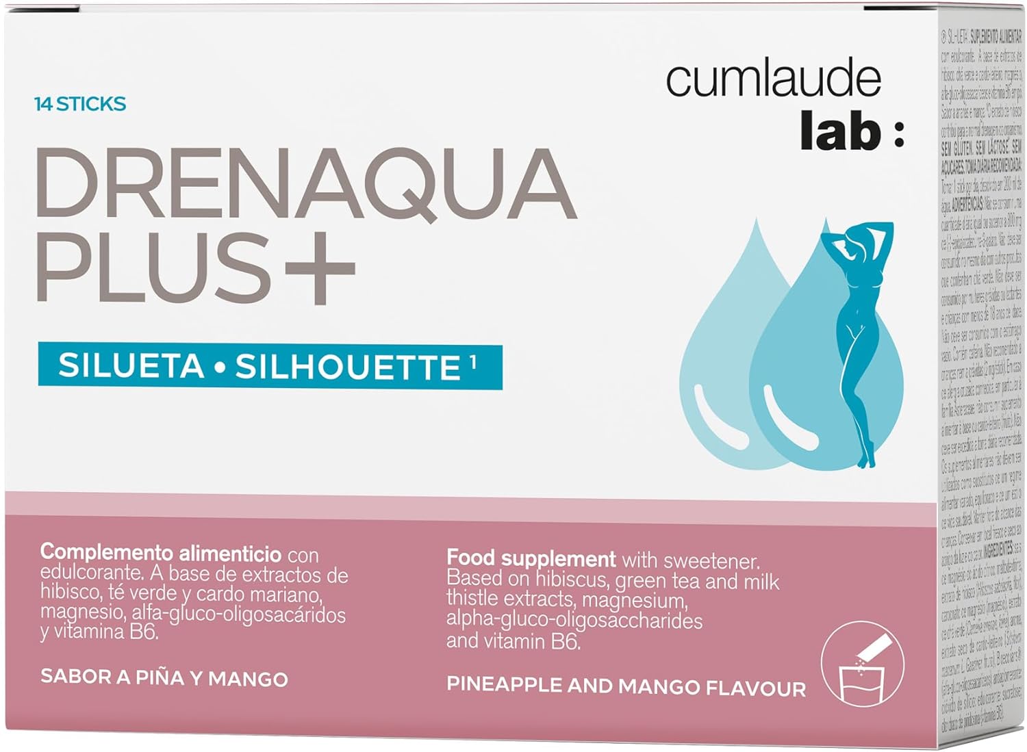 Cumlaude Lab - Drenaqua Plus+, complemento alimentar, ajuda à drenagem e retenção de líquidos, com chá verde, ibisco, pré-biótico, cardo mariano, magnésio e vitamina, sabor ananás e manga - 14 Sticks