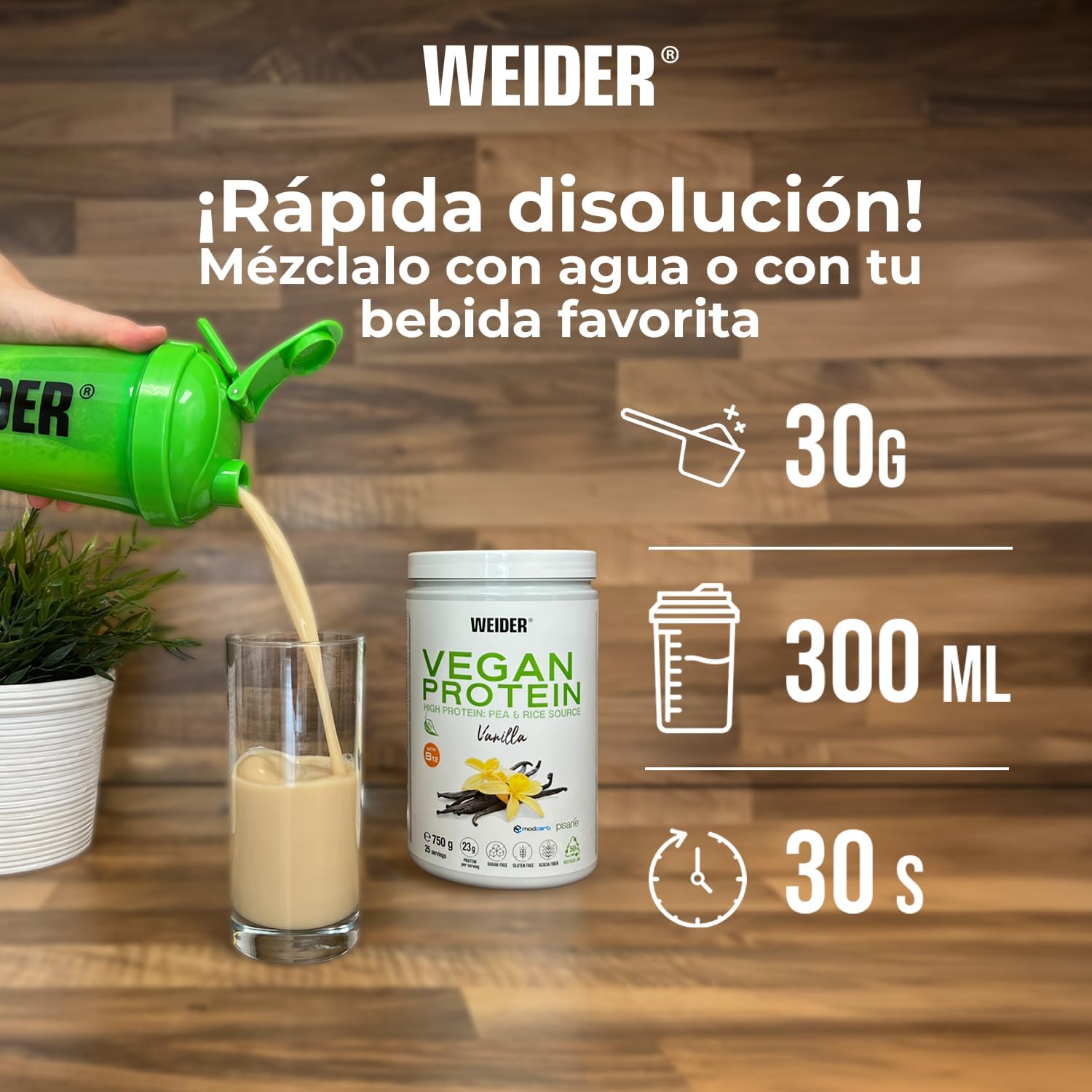 Weider Vegan Protein (750g) Sabor Vainilla. Proteína Vegana 23g/dosis Aislada Guisante (Pisane) y Arroz. Con Vitamina B12 y Stevia. Sin Gluten, Sin Azúcar. Bote 50% Reciclado, 100% Reciclable