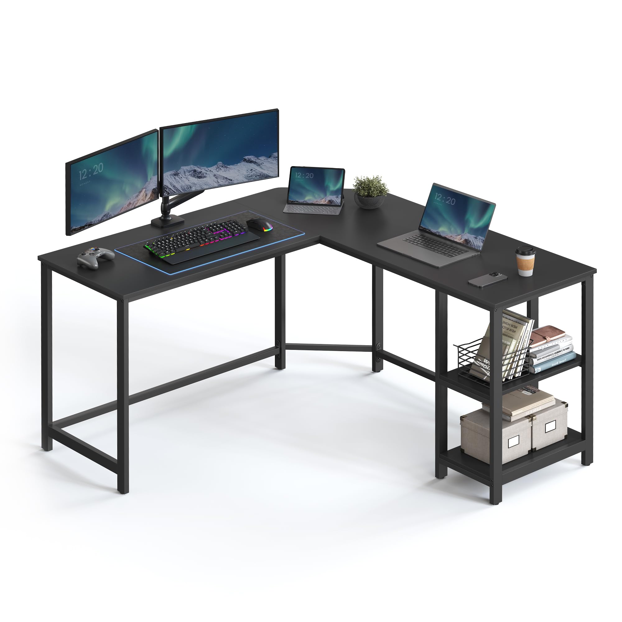 VASAGLE Secretária, mesa de computador em forma de L, 120 x 130 x 76 cm, esquina com 2 prateleiras, economiza espaço, para escritório casa, jogos, castanho rústico e preto tinta LWD123K01