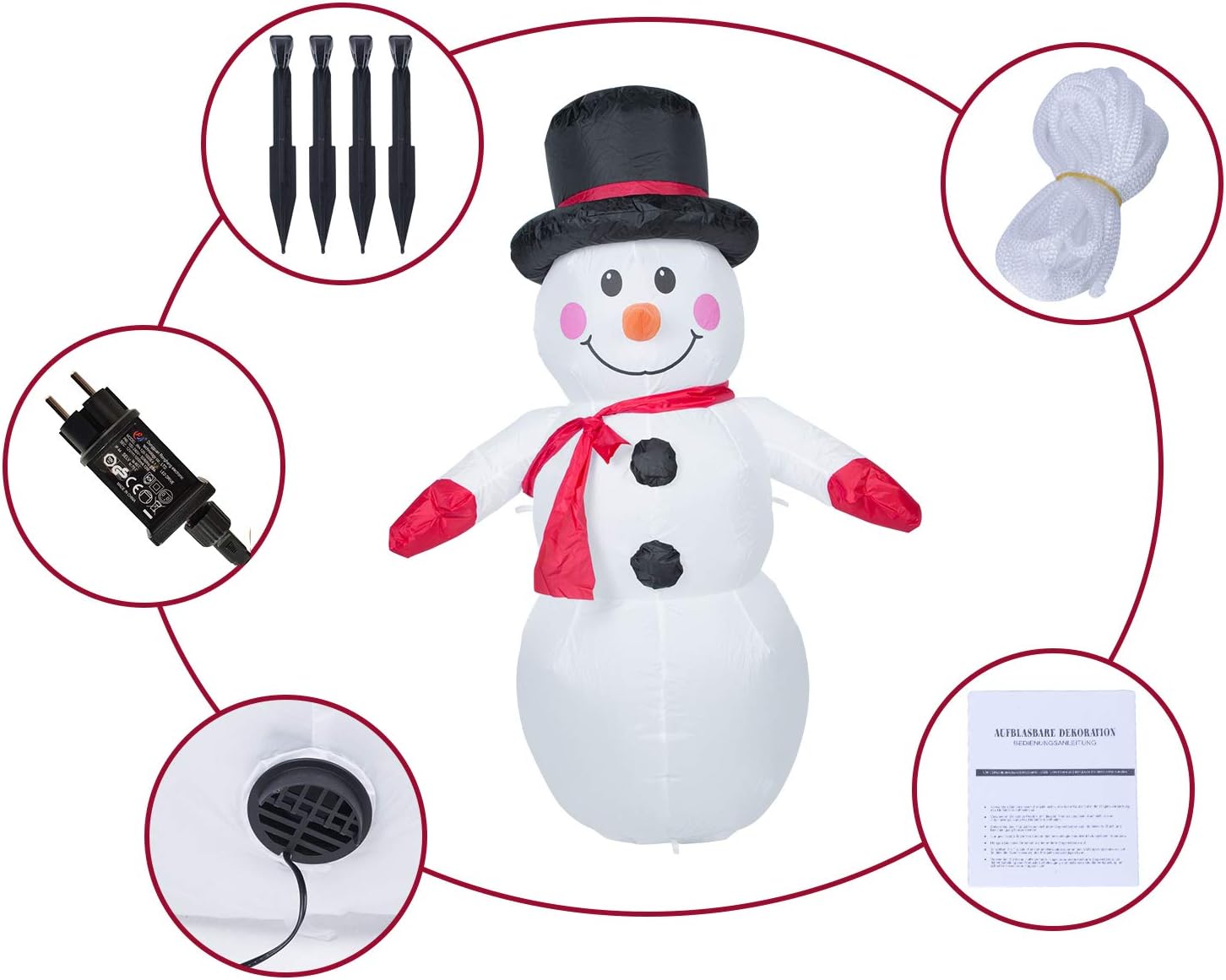 120 CM Muñeco de Nieve Inflable, Uten 4 Pies Inflable Muñeco de Navideño Nieve con Luz LED, IP44 Decoración Navideña Inflable Impermeable con Cuerda de Clavos Fija Apto para Interior y Exterior