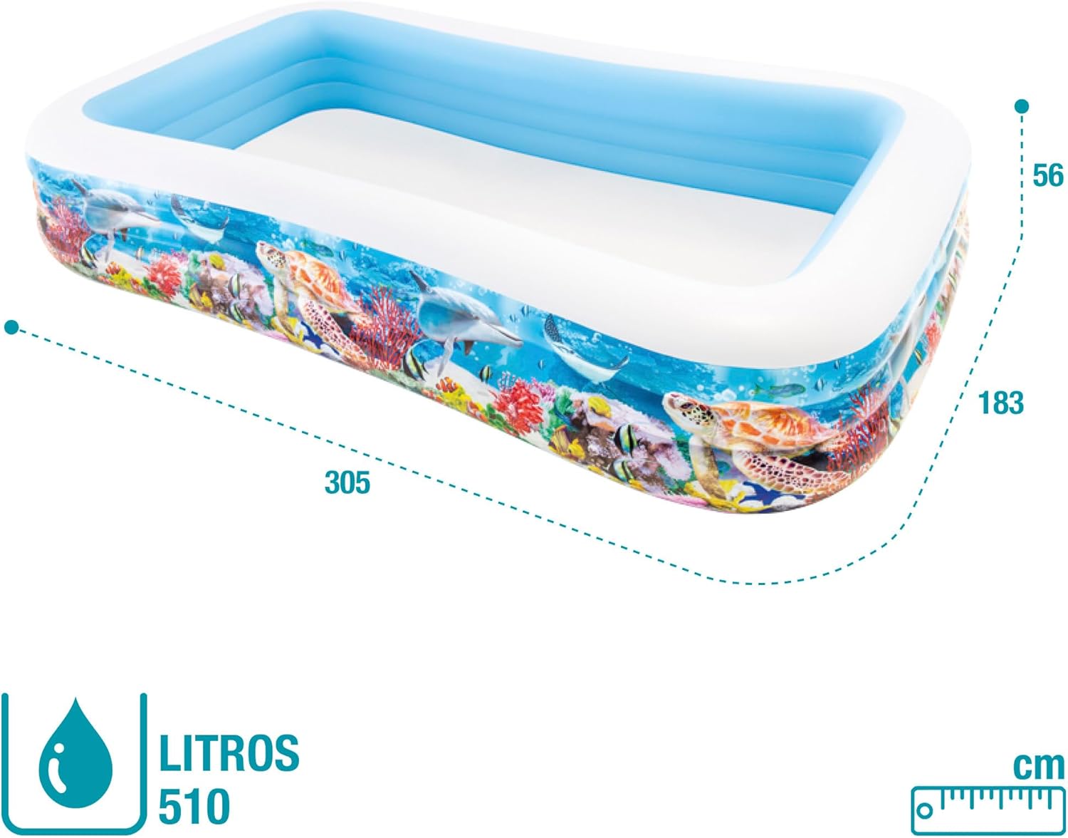 Intex Piscina Hinchable Grande diseño océano, 305x183x56 cm, 1050 litros, 3 cámaras de Aire, Tapón de desagüe, Vinilo Resistente, Uso Exterior, Ideal jardín y Verano, Parche Incluido, +6 años (58485)