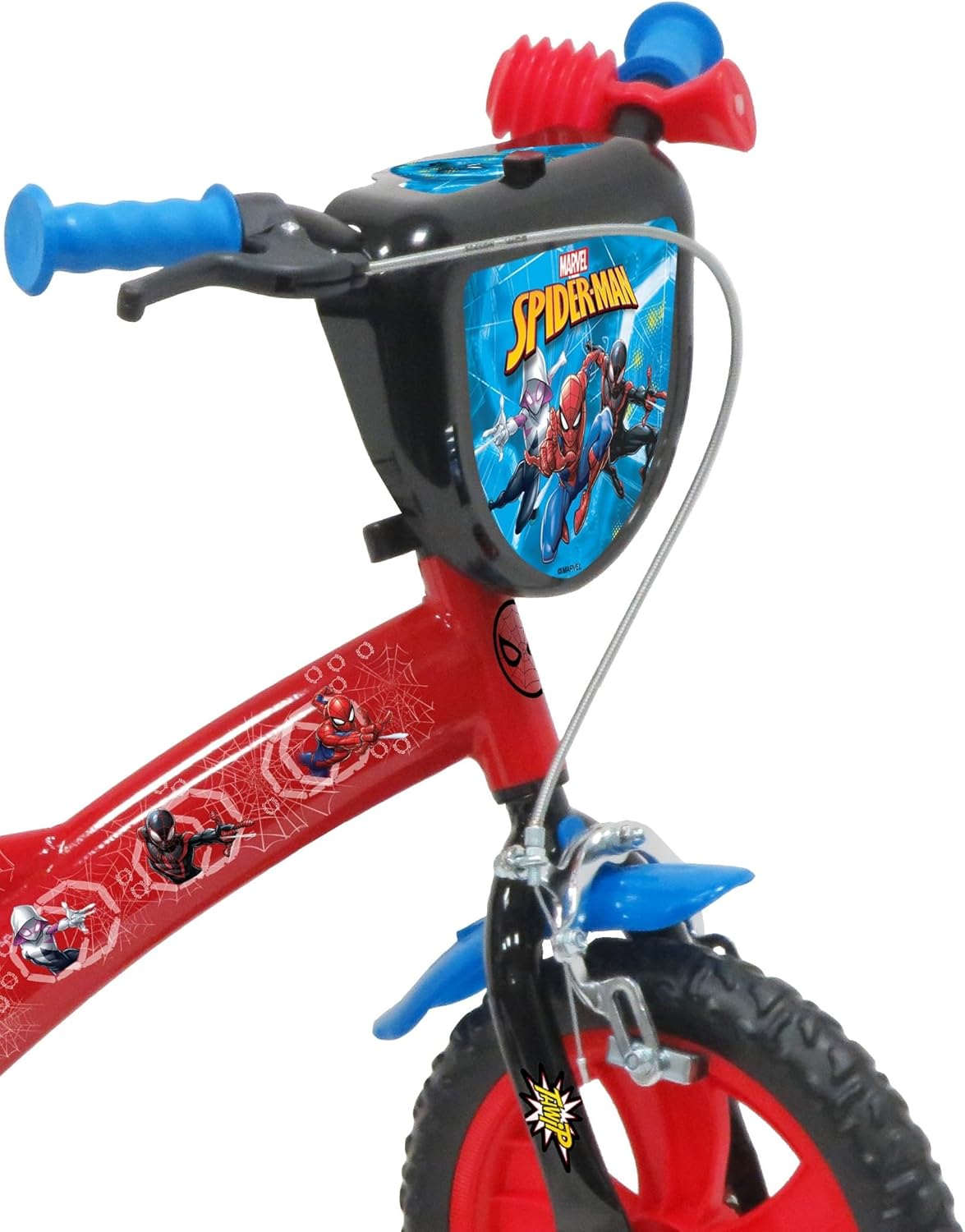A.T.L.A.S. Bicicleta de 12 polegadas equipada com 1 travão, placa frontal decorativa, guarda-lamas, cárter, estabilizadores e capacete Spiderman incluído na frente, crianças, vermelho idêntico às