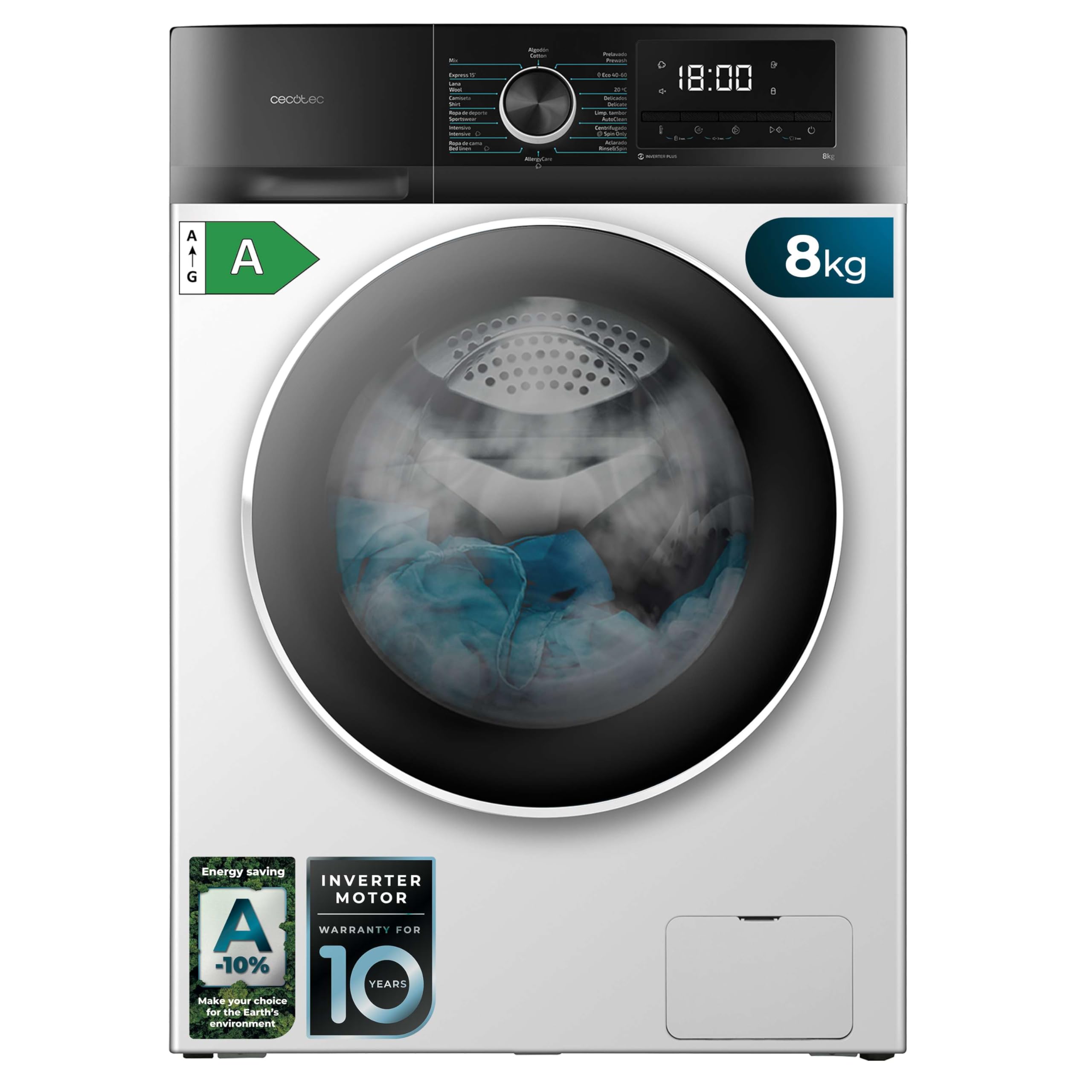Cecotec Lavadora 10 kg de carga frontal Bolero Dresscode 10500 Inverter A. 1950W, 1400 rpm, Inverter Motor Plus, baixo consumo, 16 programas, lavagem a vapor, Delay Start, branca