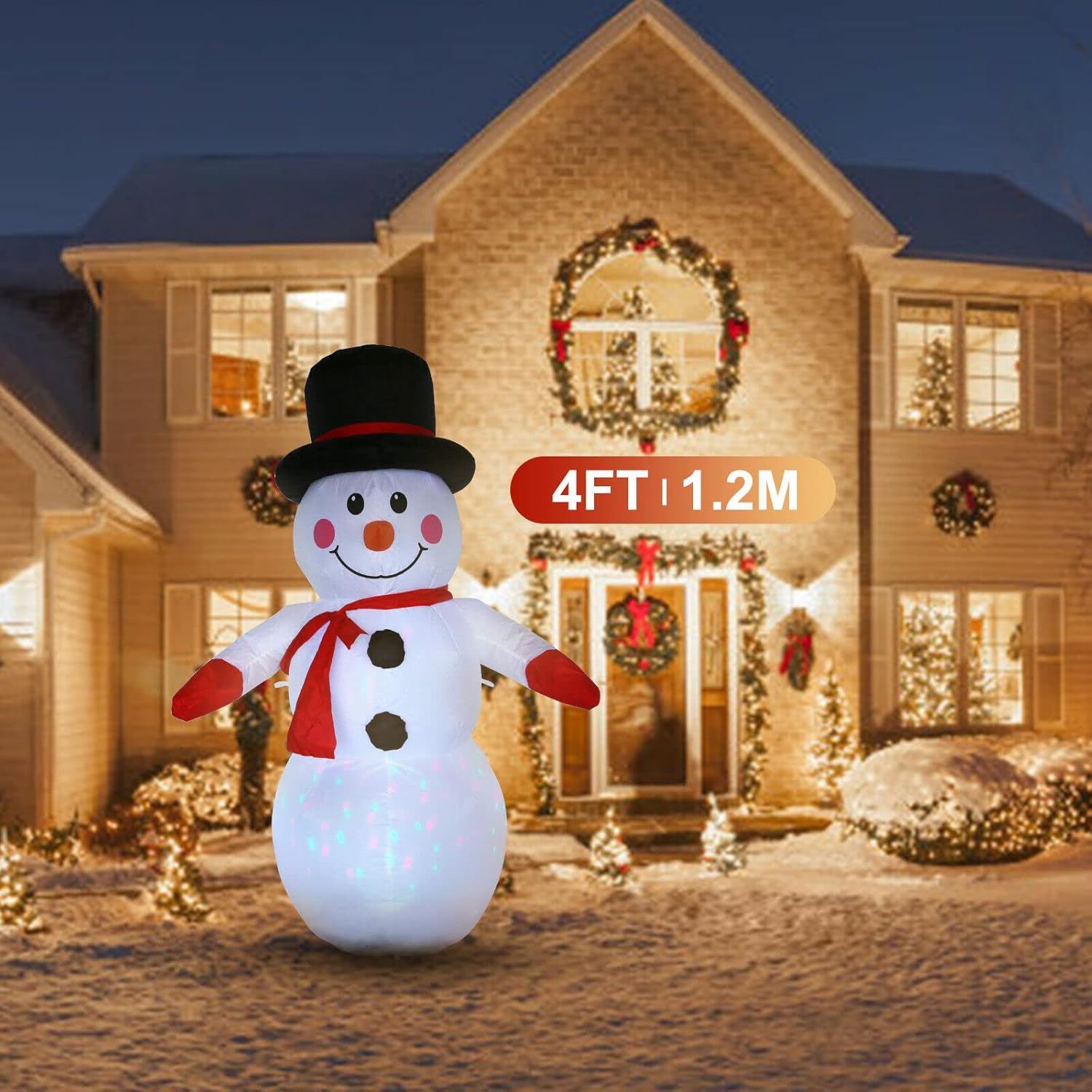 120 CM Muñeco de Nieve Inflable, Uten 4 Pies Inflable Muñeco de Navideño Nieve con Luz LED, IP44 Decoración Navideña Inflable Impermeable con Cuerda de Clavos Fija Apto para Interior y Exterior