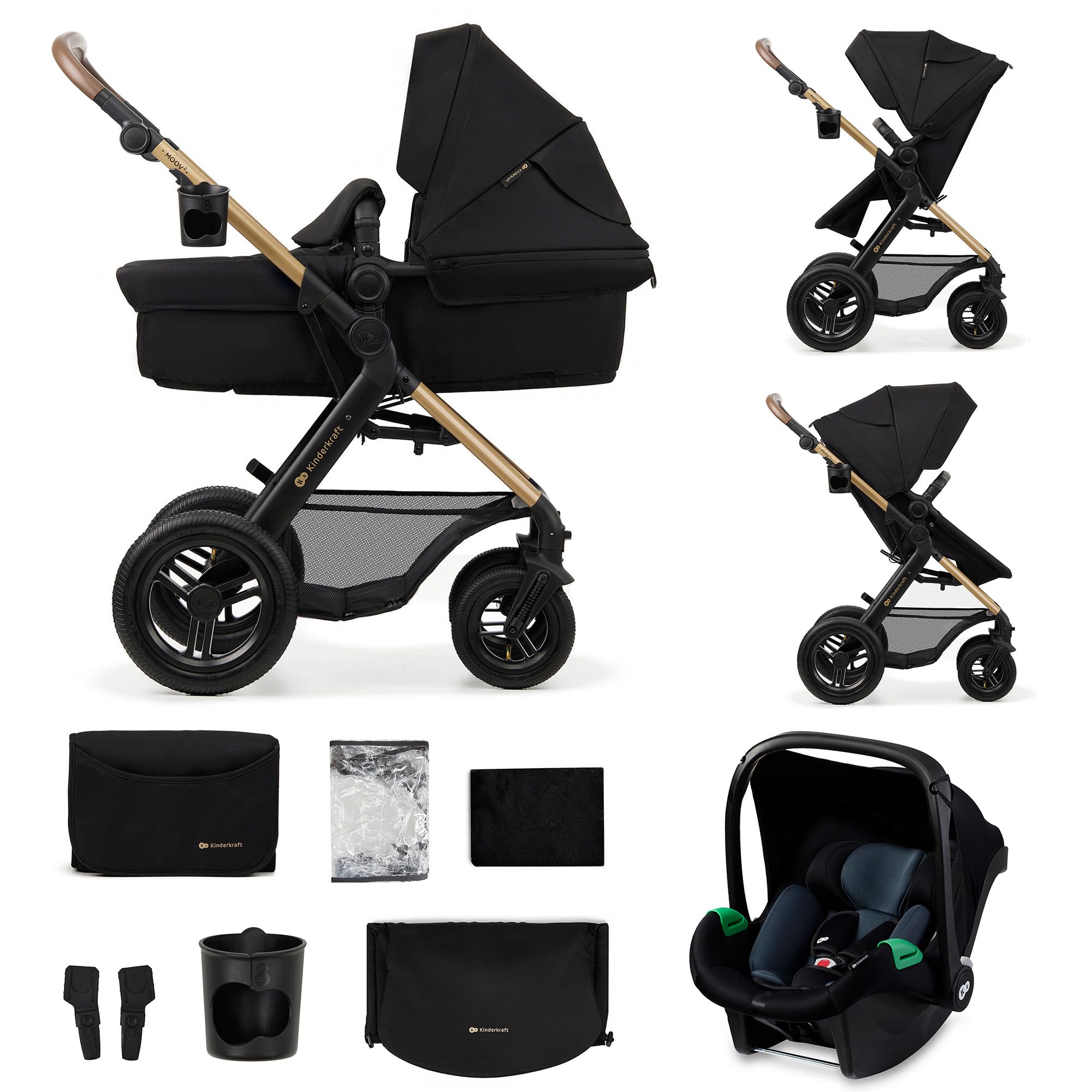 Kinderkraft MOOV2 Carrinho de bebé 3 em 1, EVA, Mink PRO I-Size, sistema de viagem, carrinho para bebé, carrinho de passeio, dobrável, para recém-nascido, desde o nascimento até aos 3 anos, cinzento