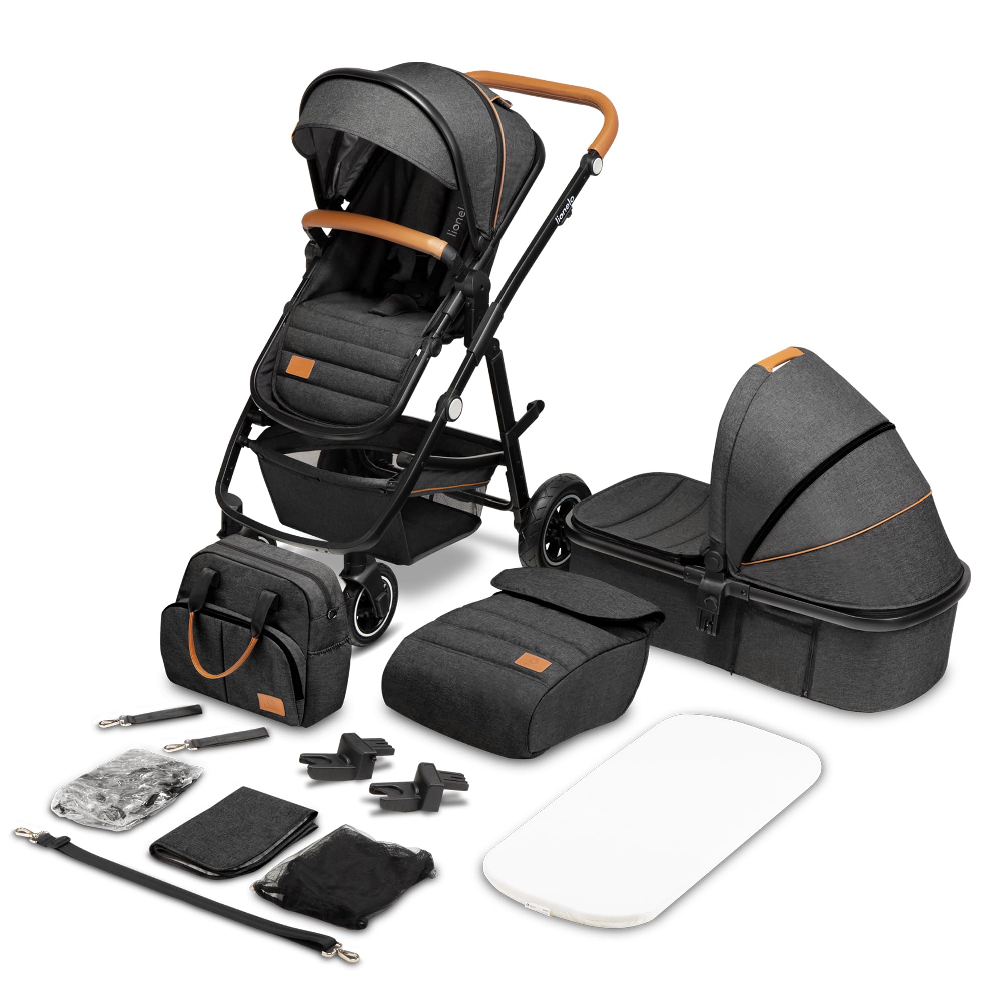 LIONELO Amber Carro de bebé multifuncional 2 em 1 conjunto carrinho de passeio com assento de cubo e tampa guiador ajustável bolsa mosquiteira protetor de chuva
