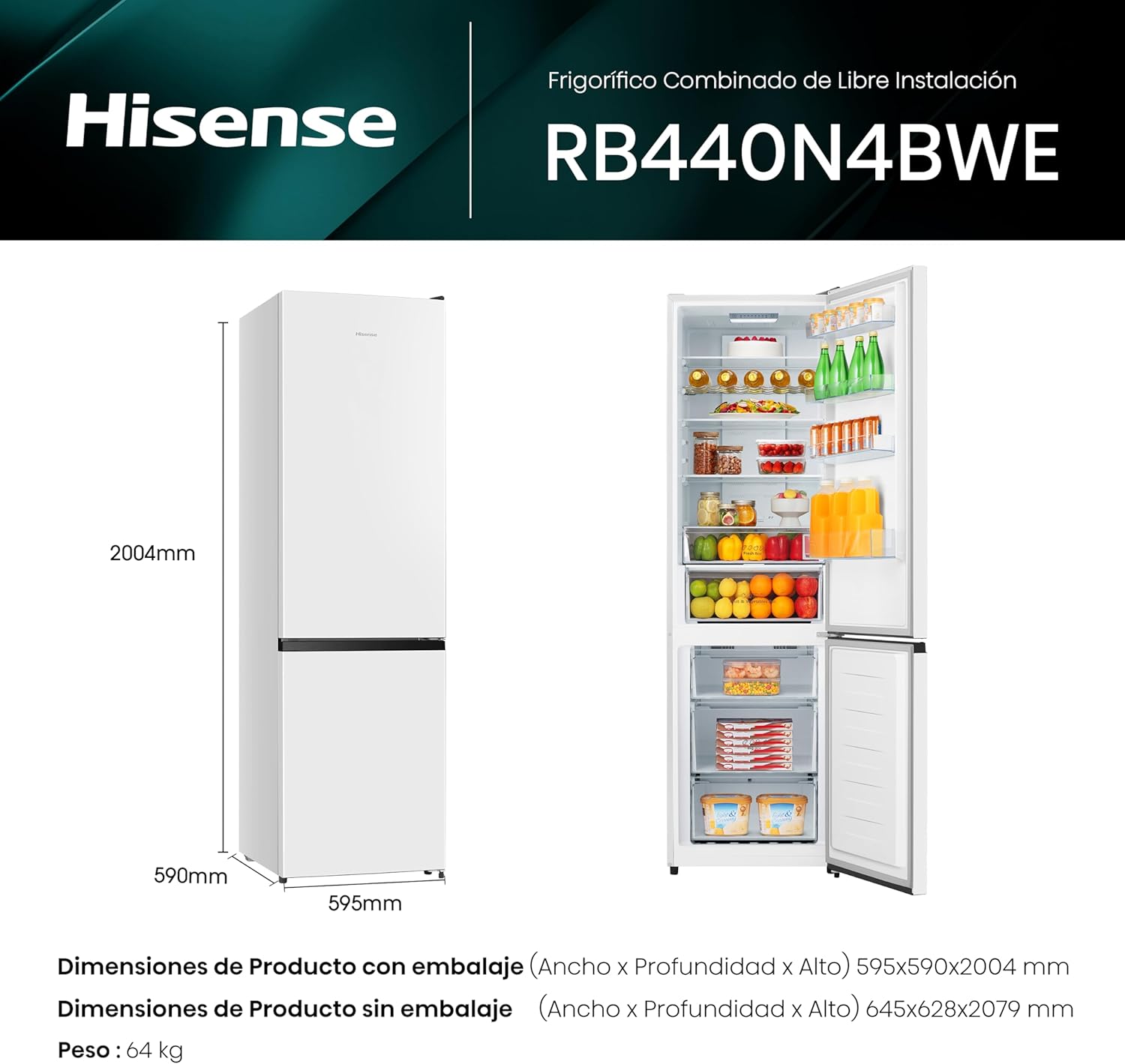Hisense RB440N4BWE Frigorífico Combinado, classe E eficiente, capacidade de 336 l com 200 cm de altura, super freeze, garrafeiro, porta reversível, silencioso 39dB, cor branca