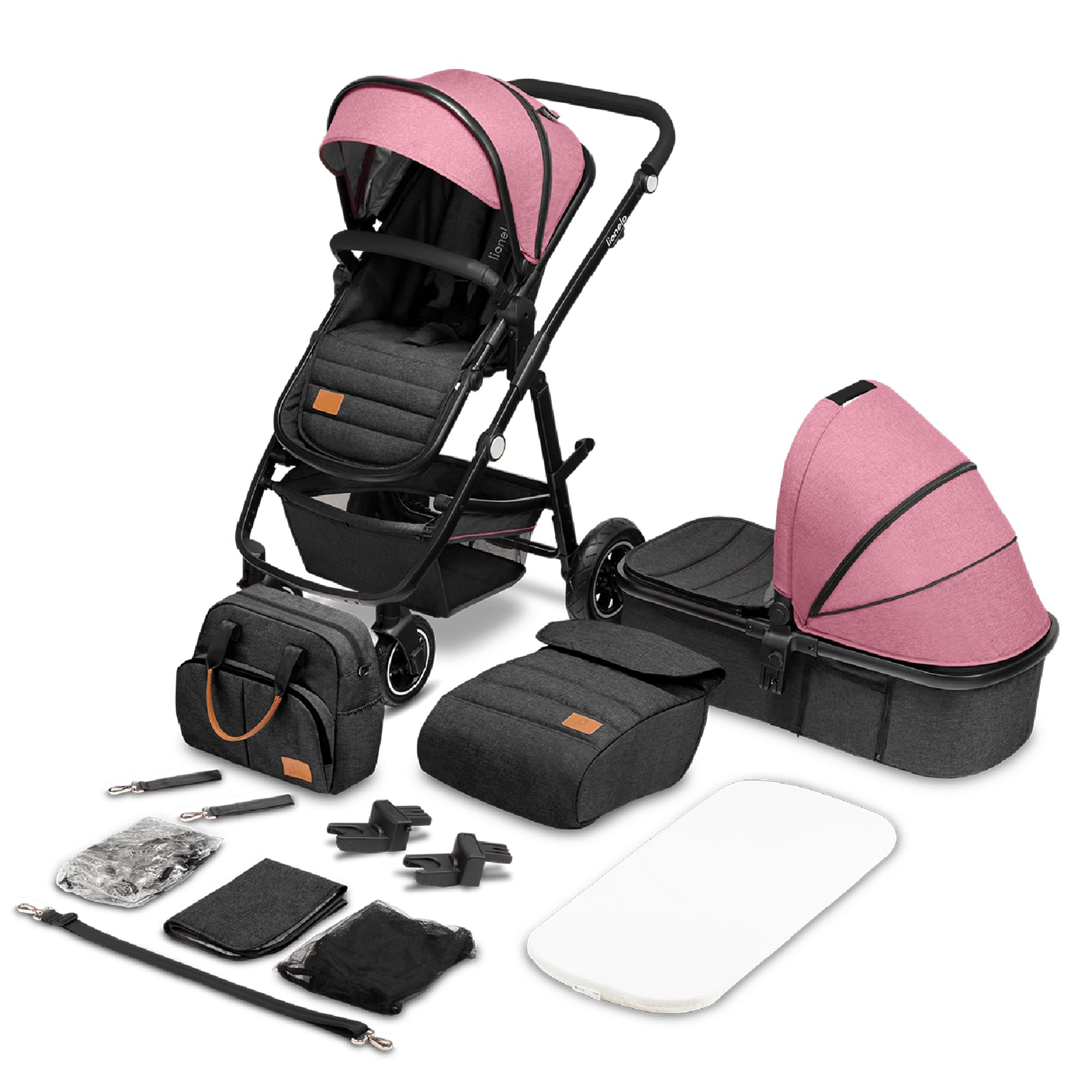 LIONELO Amber Carro de bebé multifuncional 2 em 1 conjunto carrinho de passeio com assento de cubo e tampa guiador ajustável bolsa mosquiteira protetor de chuva