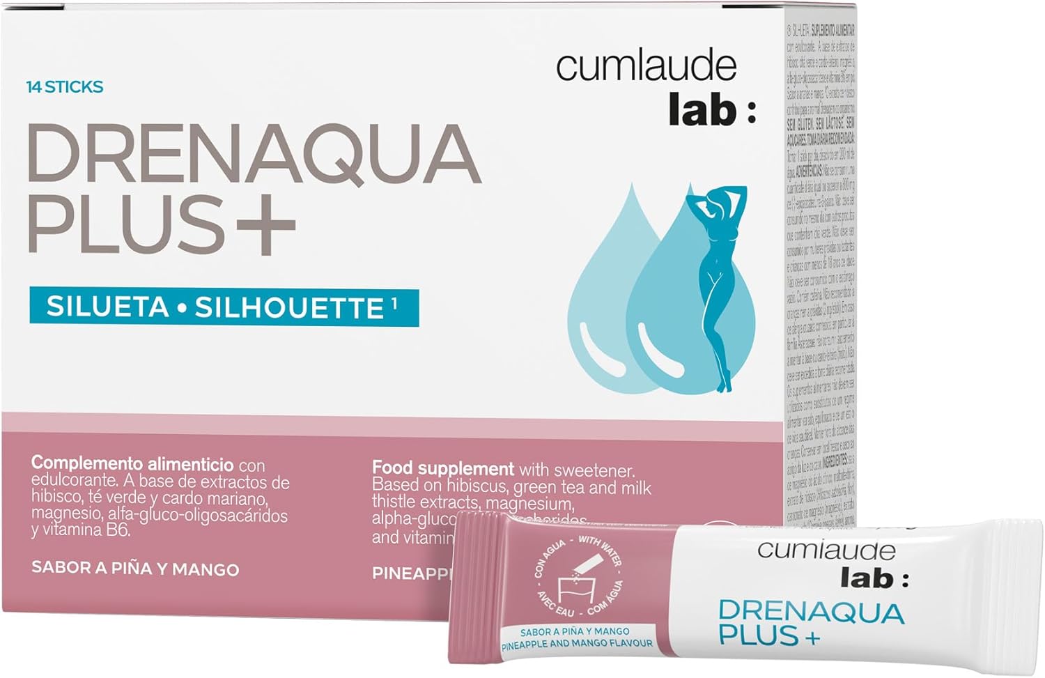 Cumlaude Lab - Drenaqua Plus+, complemento alimentar, ajuda à drenagem e retenção de líquidos, com chá verde, ibisco, pré-biótico, cardo mariano, magnésio e vitamina, sabor ananás e manga - 14 Sticks