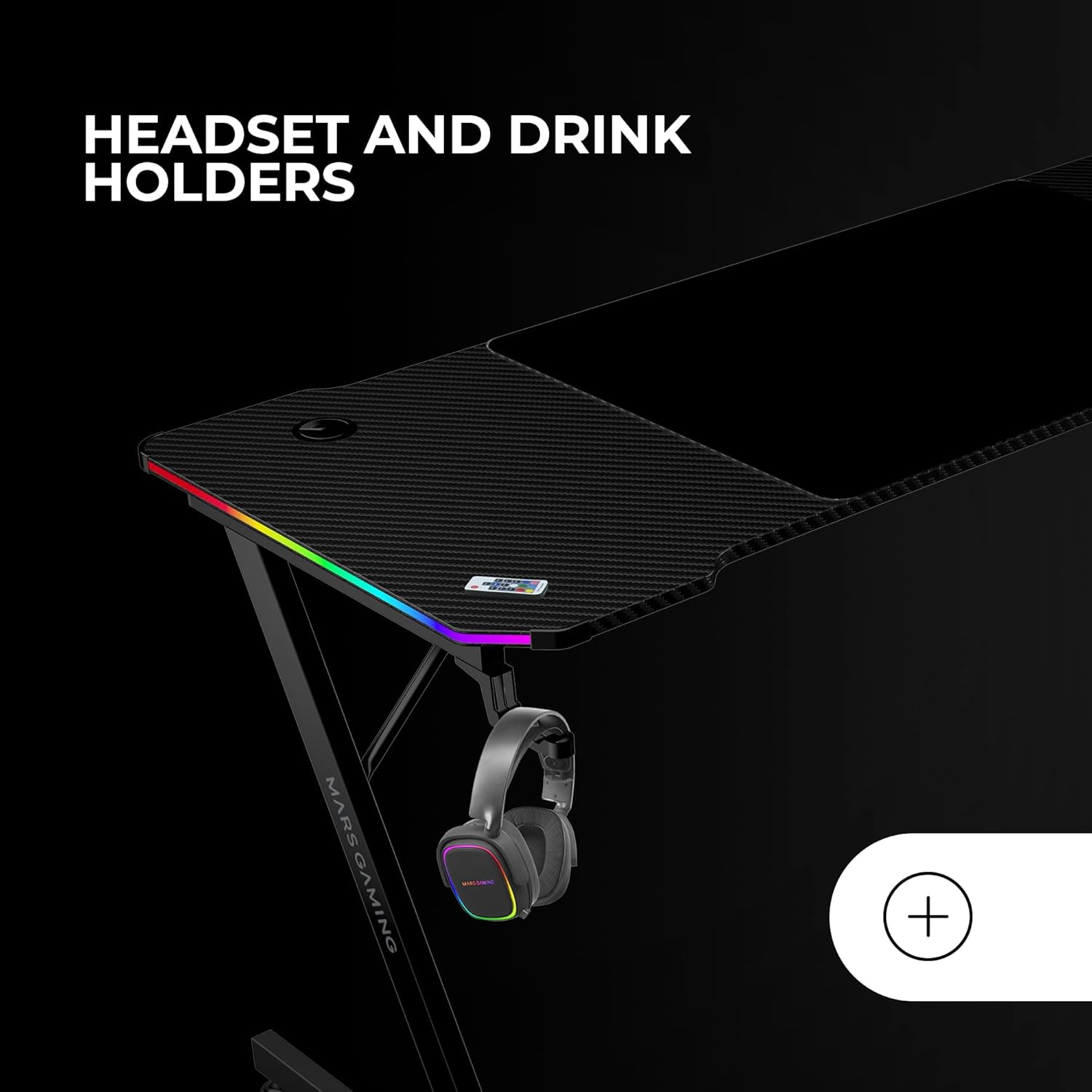 Mars Gaming MGD-X160RGB, Mesa de jogos ergonómica, iluminação ARGB com comando, fibra de carbono, tapete XXL, suporte auriculares e bebida, gestão com cabos, secretária Gaming 160 x 60 cm, preto