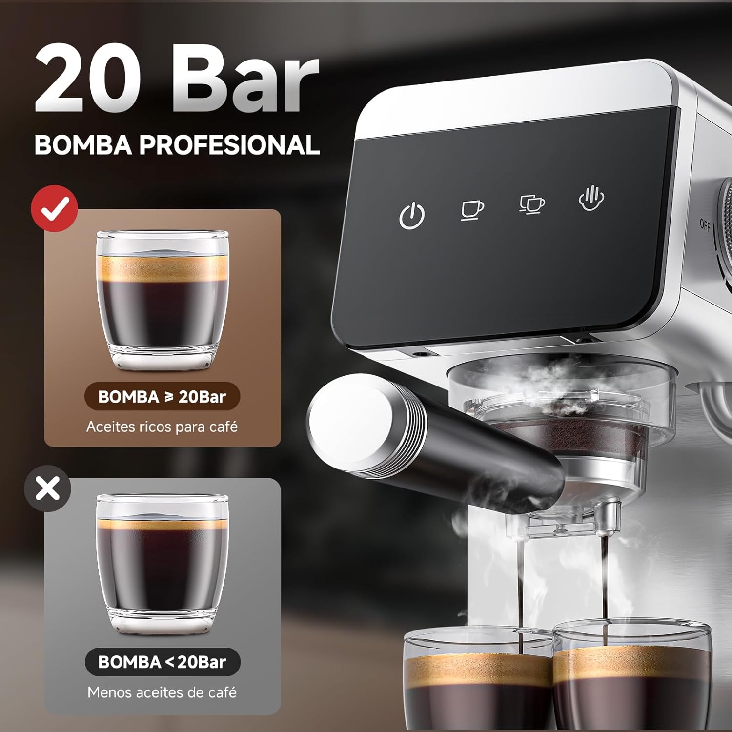 AMZCHEF Cafeteira expresso de 20 barras com ecrã LED máquina de café tudo em um com depósito removível de 1,2 litros para presentes da casa cafeteira de aço inoxidável compacta, 1350 W