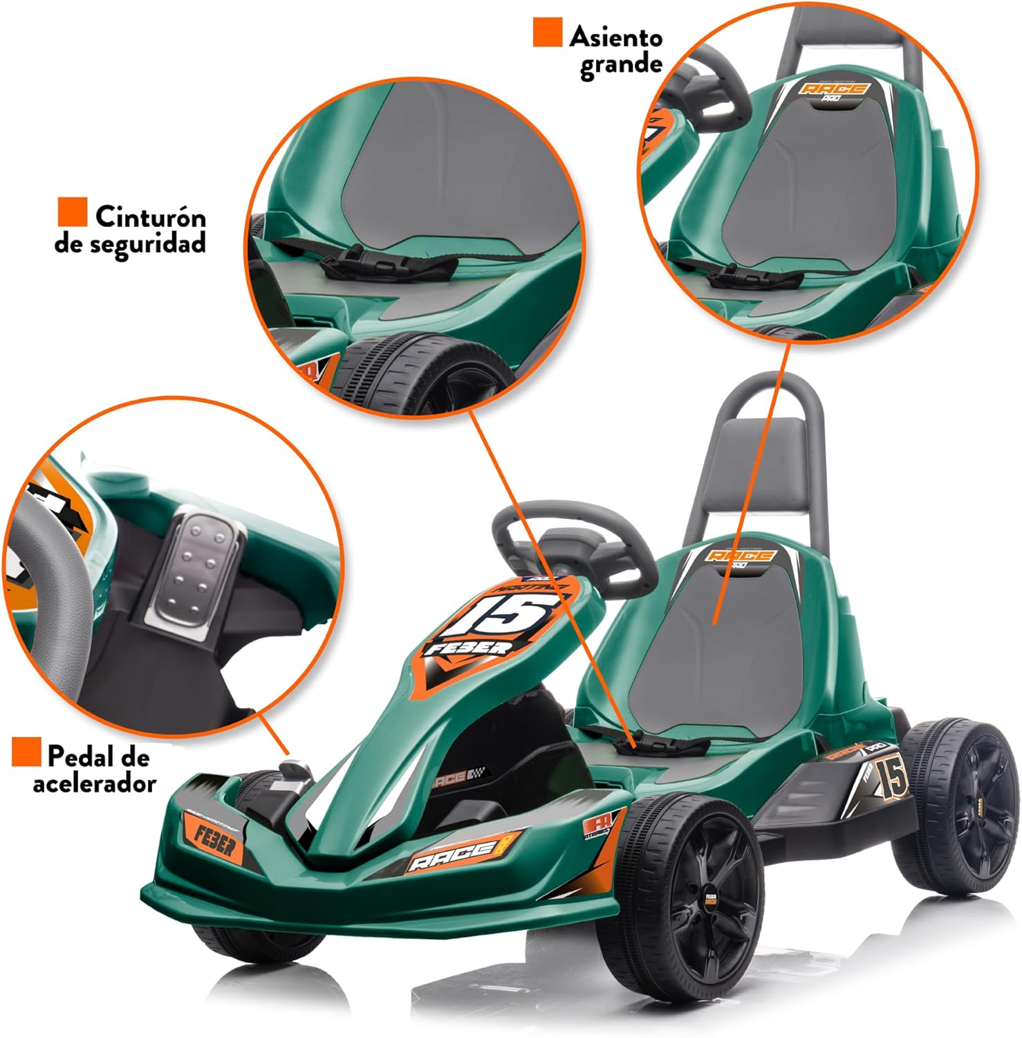 FEBER - GO Kart 12 V, Carro Kart infantil de fórmula 1, verde, estilo desportivo, 2 velocidades e entre 3 e 5 km/h, seguro para meninos e meninas de 3 a 5 anos, famosa (FEN15000)