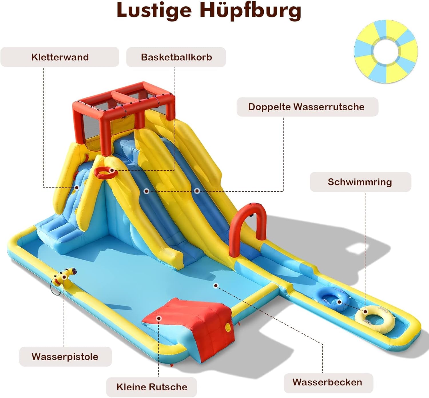 FANTASK Castillo Hinchable con Bolsa de Transporte, Anillos de natación, Baloncesto Inflable y Kit de reparación, tobogán acuático, Parque acuático para Exteriores, Incluye Pistola de Agua, Pared de
