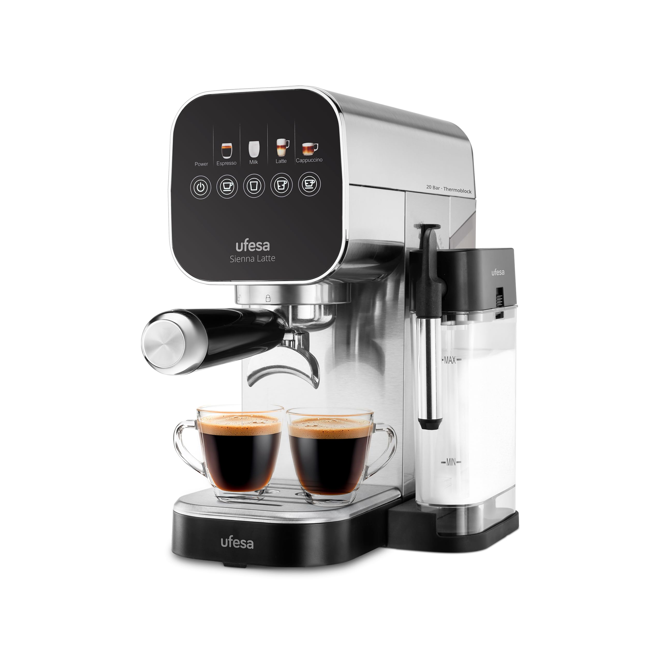 Ufesa Varese Cafetera Compacta Espresso y Capuccino, 1050W, Vaporizador Orientable, 20 Bares, 1 o 2 Cafés, Depósito 1.5L, Función Calienta Tazas