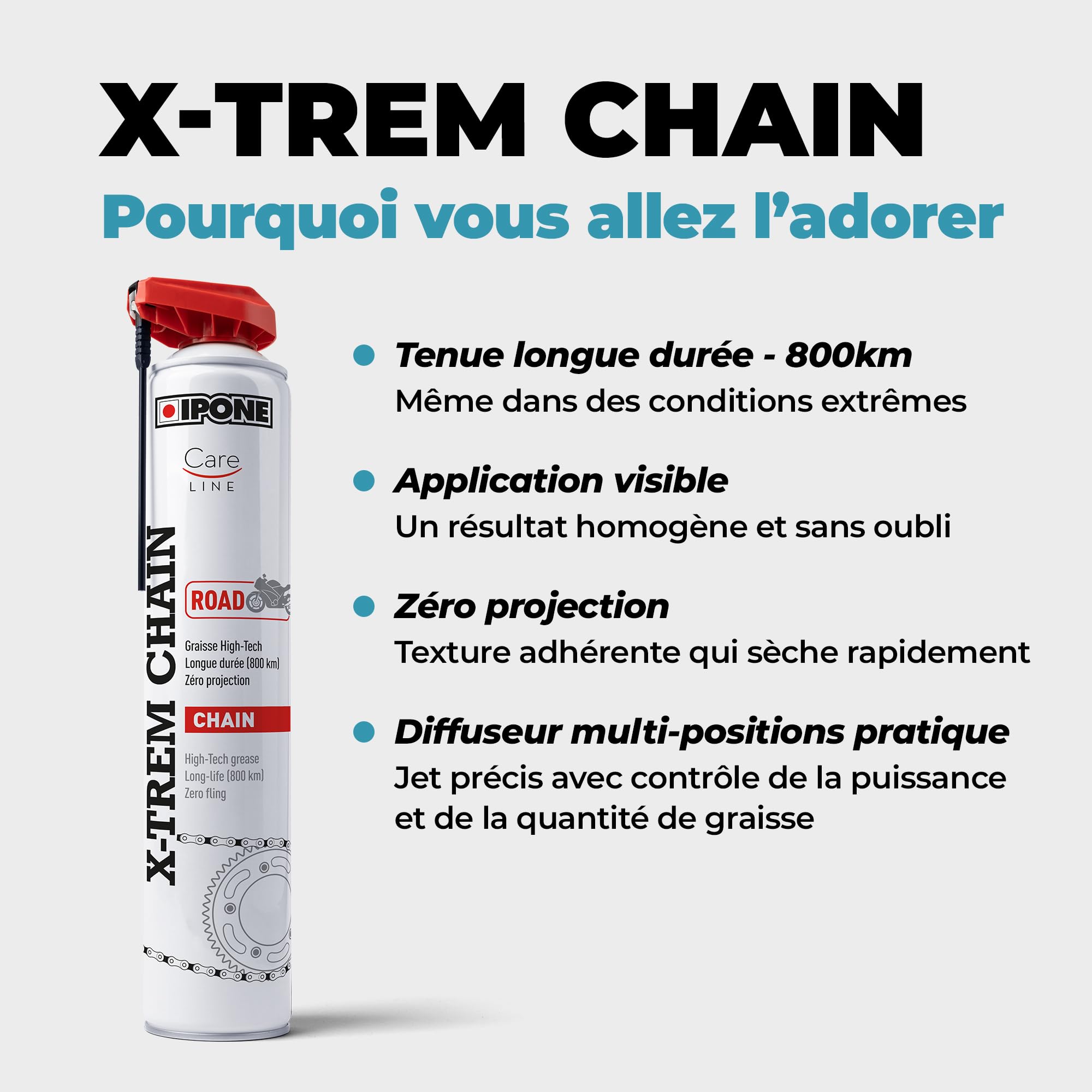 IPONE - Graxa para correntes de motos de estrada X-Trem Chain Road - Longa duração 800 km - Pulverização precisa sem salpicos - Spray com difusor multiposição 250 ml