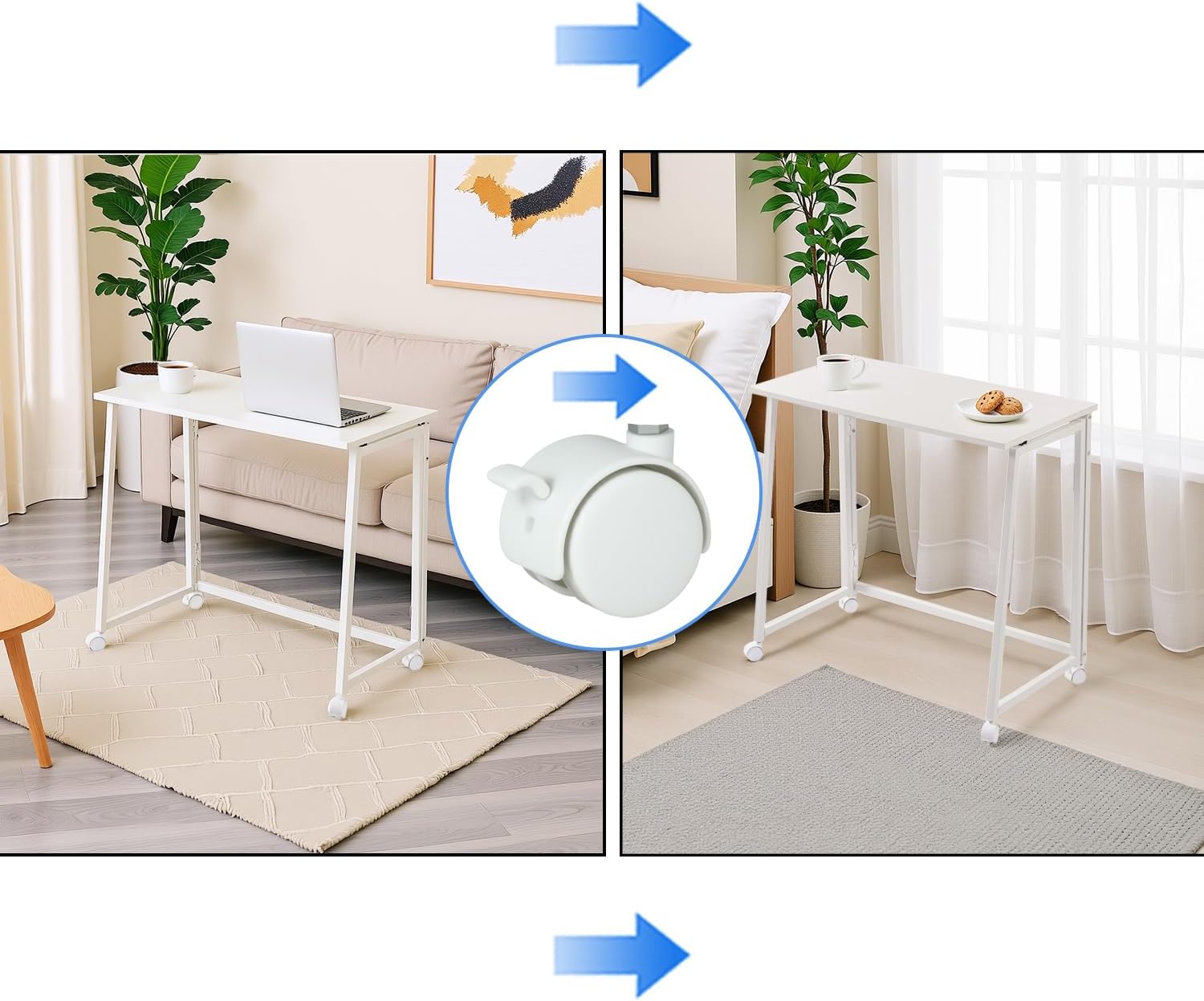 MEUBLE COSY Escritorio Plegable con Ruedas Mesa de Ordenador para Ahorrar Espacio Oficina Hogar Estudio, Estructura de Acero, Escandinavo, Montaje Sencillo, Blanco