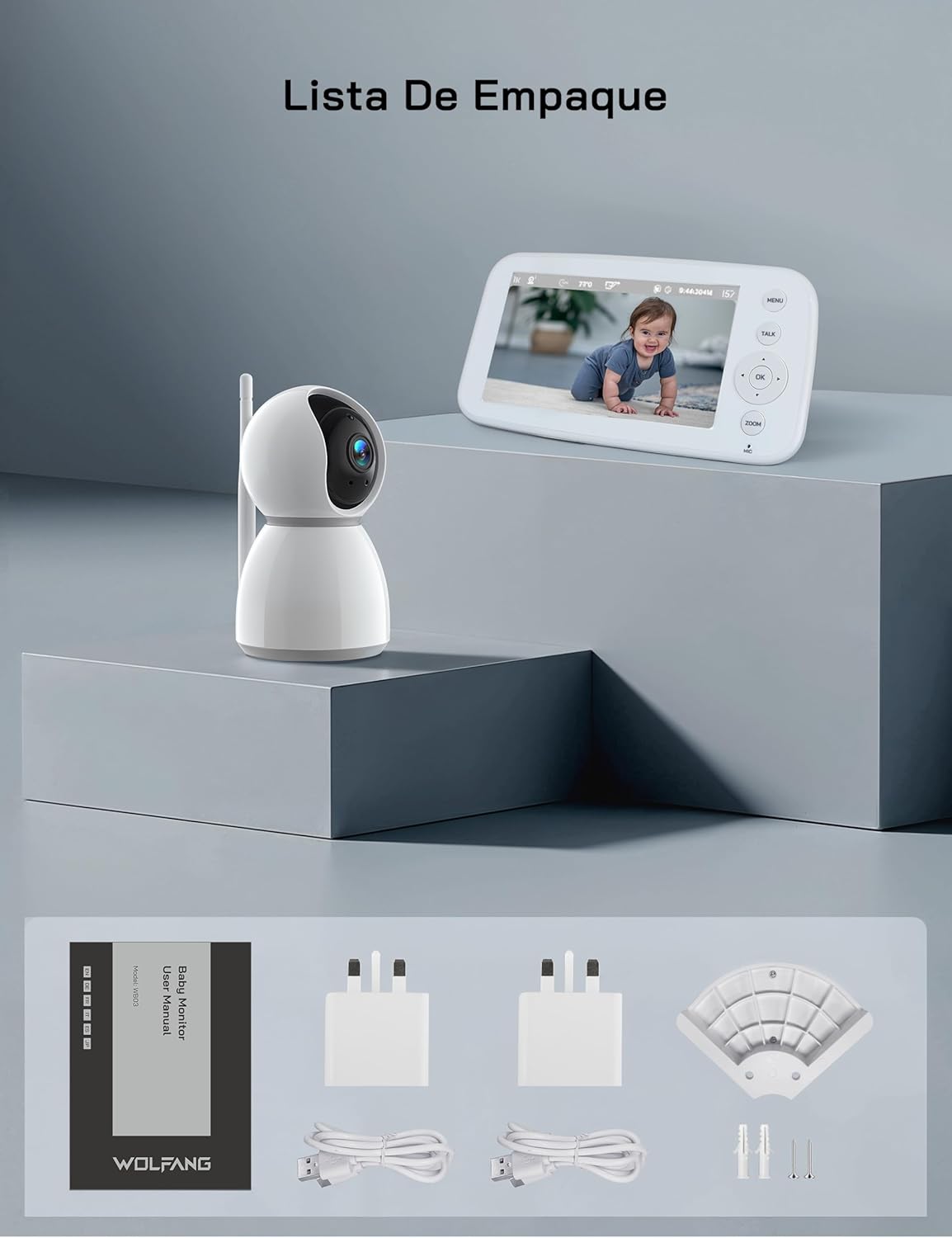 WOLFANG 1080P Camara Vigilancia Bebe con 5" 720P Pantalla, Vigilabebes con Camara con Rotación de 360° y Zoom, Sin WiFi, Visión Nocturna, Comunicación Bidirecciona, Temperatura, Detección de Llanto