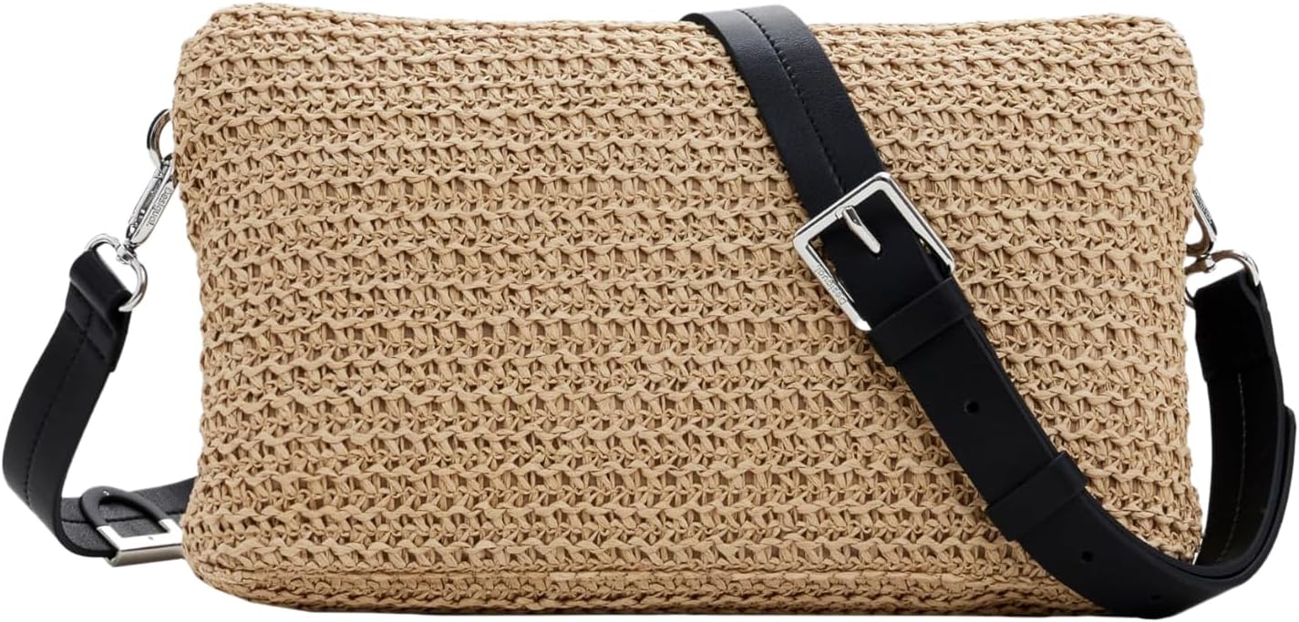 Desigual Logo Raffia Shoulder Bag Natural