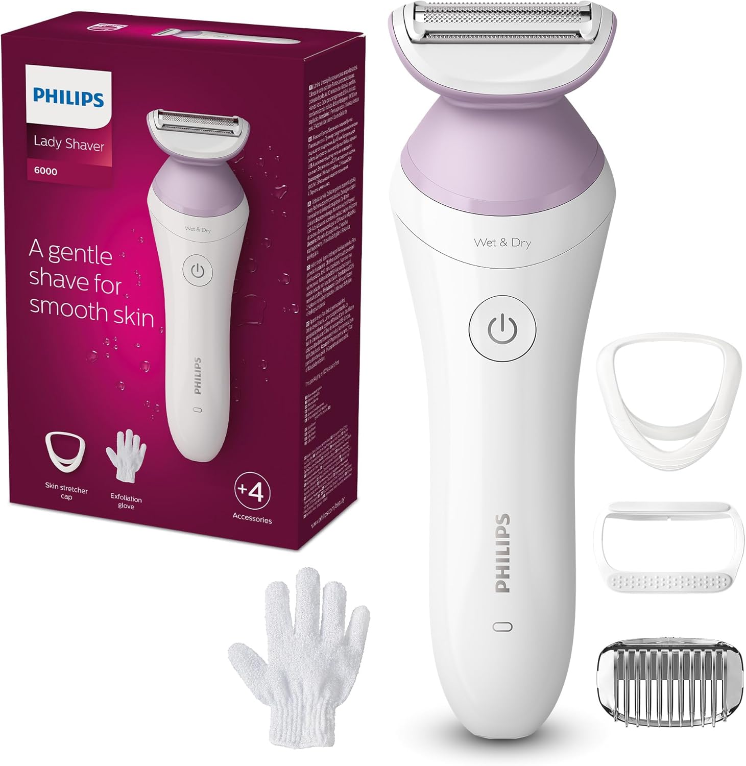Philips Máquina de barbear feminina série 6000, 4 acessórios, inclui luva esfoliante, guia de pente e escova de limpeza, BRP136/00, branco