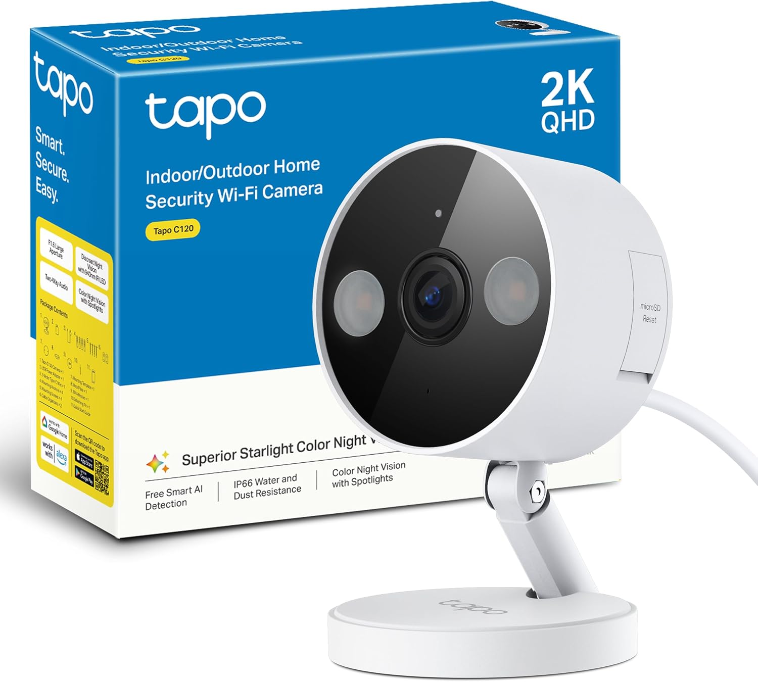 Tapo C120-2K 4MP Câmara de vigilância para interior e exterior, base magnética, focos duplos, suporta cartão SD de até 512 GB, IP66, compatível com Alexa e Google Assistant