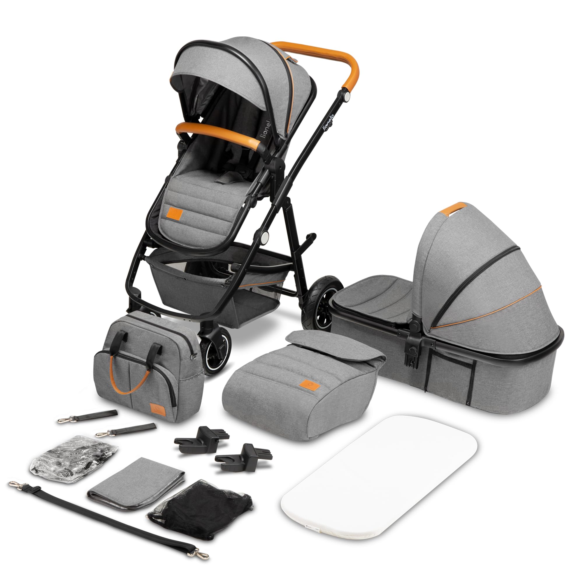 LIONELO Amber Carro de bebé multifuncional 2 em 1 conjunto carrinho de passeio com assento de cubo e tampa guiador ajustável bolsa mosquiteira protetor de chuva