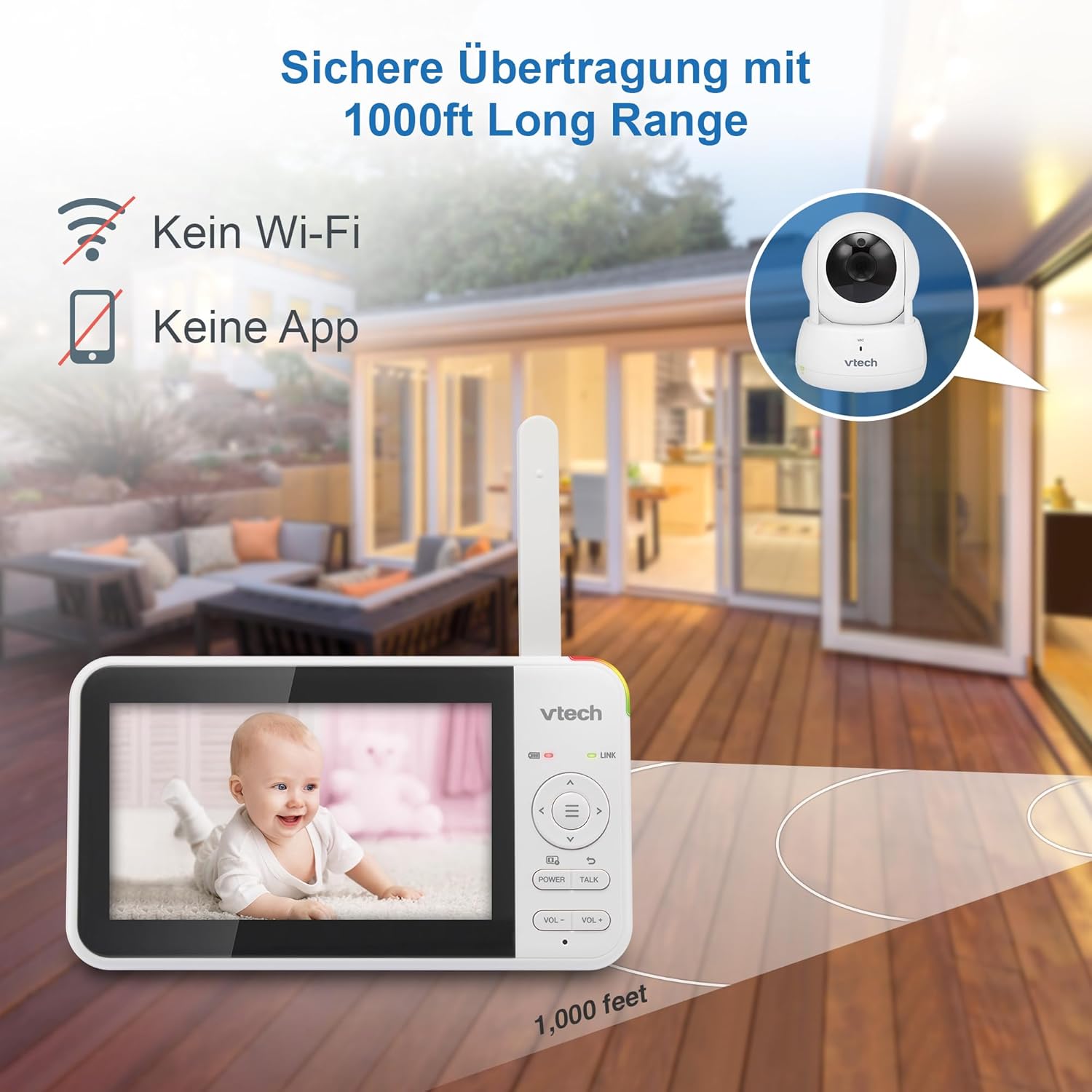 VTech VM924 Câmara de vigilância para bebé, 2600 mAh monitor de bebé com câmara de vigilância para bebés monitor sem fios de vídeo com LCD de 5" inteligente VOX visão noturna