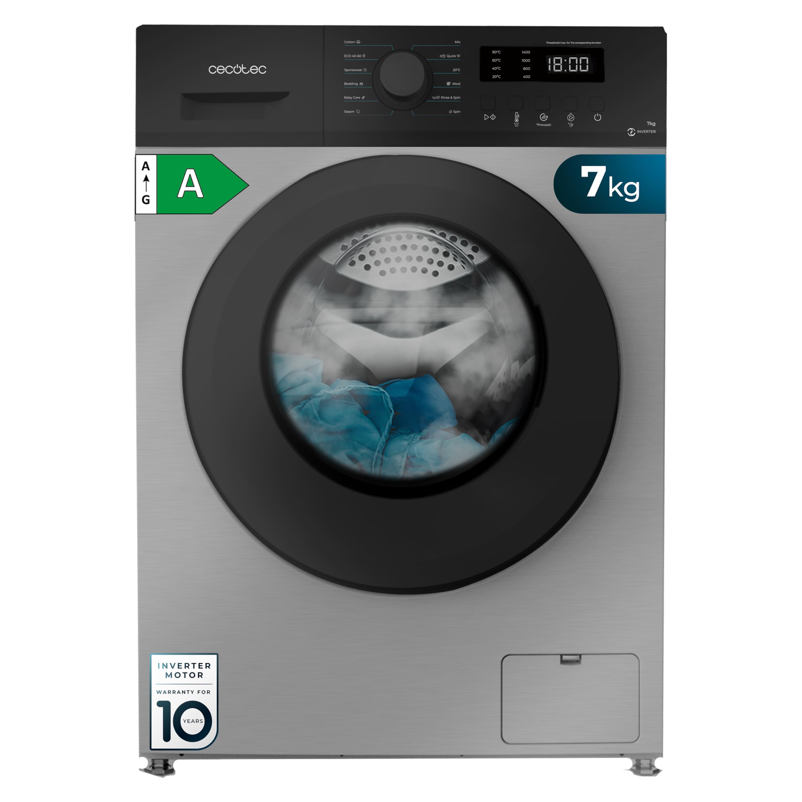 Cecotec Máquina de lavar 6 kg carga frontal Bolero DressCode 6160 Inverter. 1200 RPM, 11 programas, baixo consumo, motor inverter Plus, Steam Max, Drum Clean, programa rápido de 15", painel com