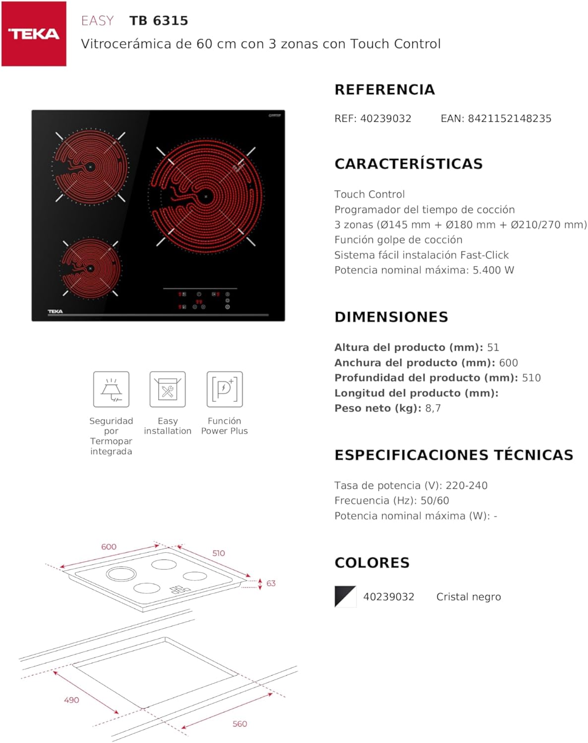 Teka TB PRO 6315 - Vitrocerámica 3 Fuegos 60 cm, Tecnología Touch Control, con Cronómetro, Vitrocerámica Teka Color Negro
