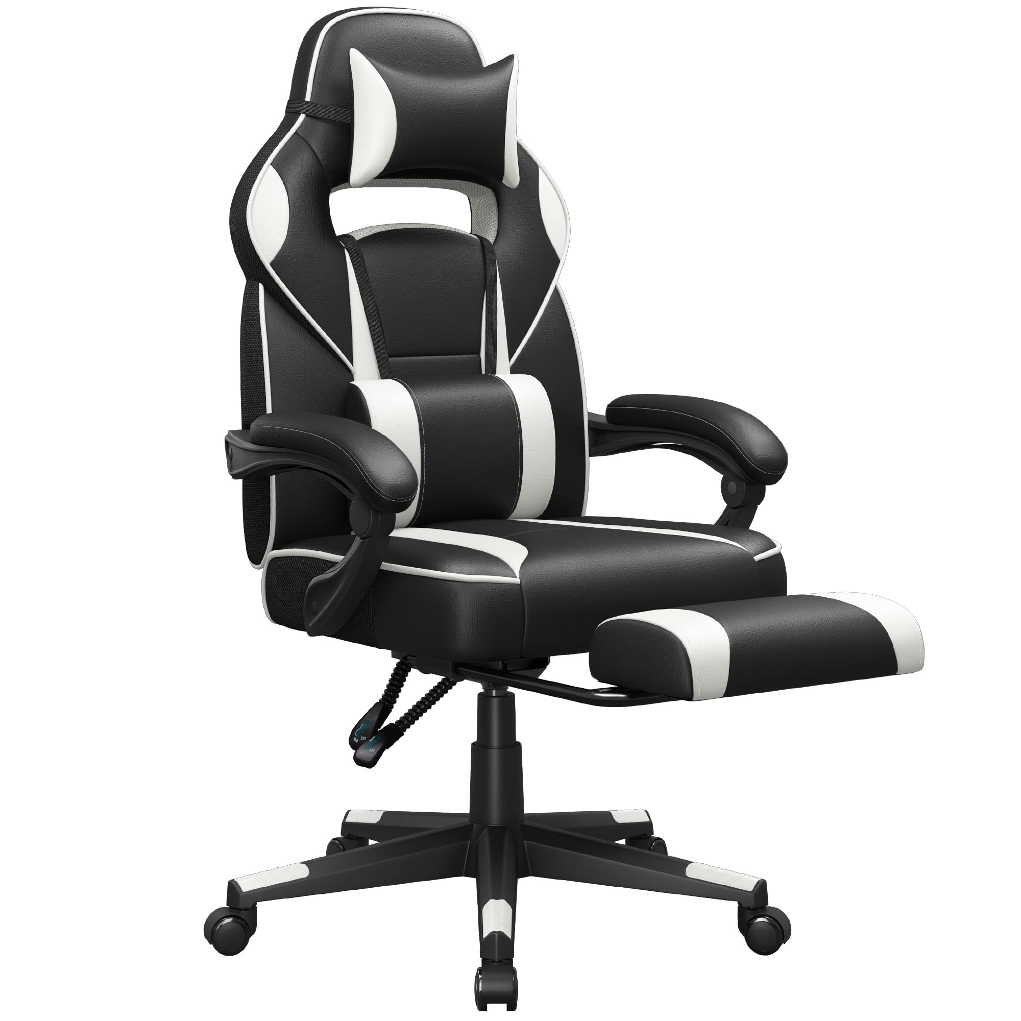 SONGMICS Cadeira de escritório, cadeira de jogos ergonómica, com apoio para os pés telescópico, encosto ajustável, apoio de cabeça e suporte lombar, carga de 150 kg, tinta preta e cinzento pombo