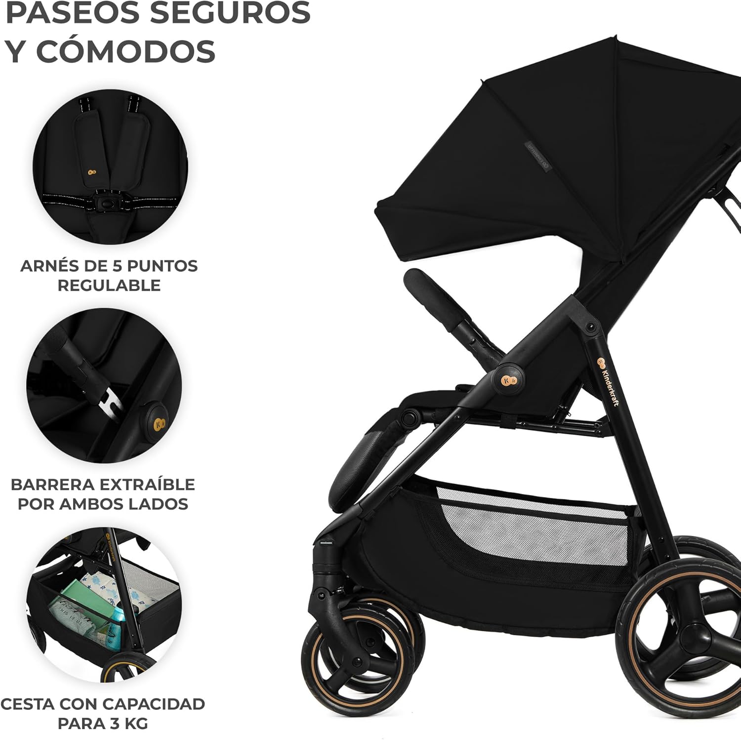 Kinderkraft TRIG 3, cadeira de passeio, leve e gerenciável, suspensão, cinto de 5 pontos, apoio para os pés, ajustável, carga máxima de 25 kg, preto