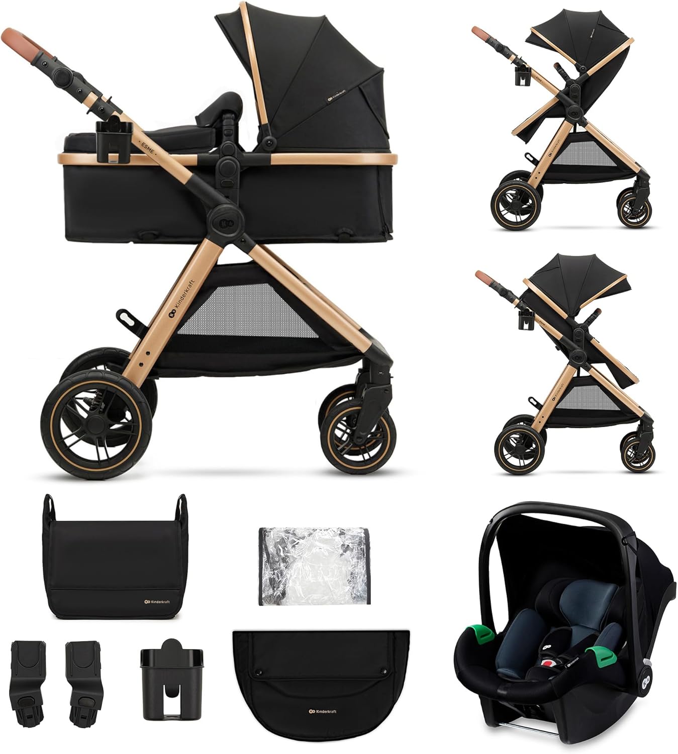 Kinderkraft ESME Cadeira de carro 3 em 1 conjunto, com porta-bebés Mink PRO I-Size, sistema de viagem, carrinho para bebé, carrinho, dobrável, para recém-nascido até 4 anos, preto