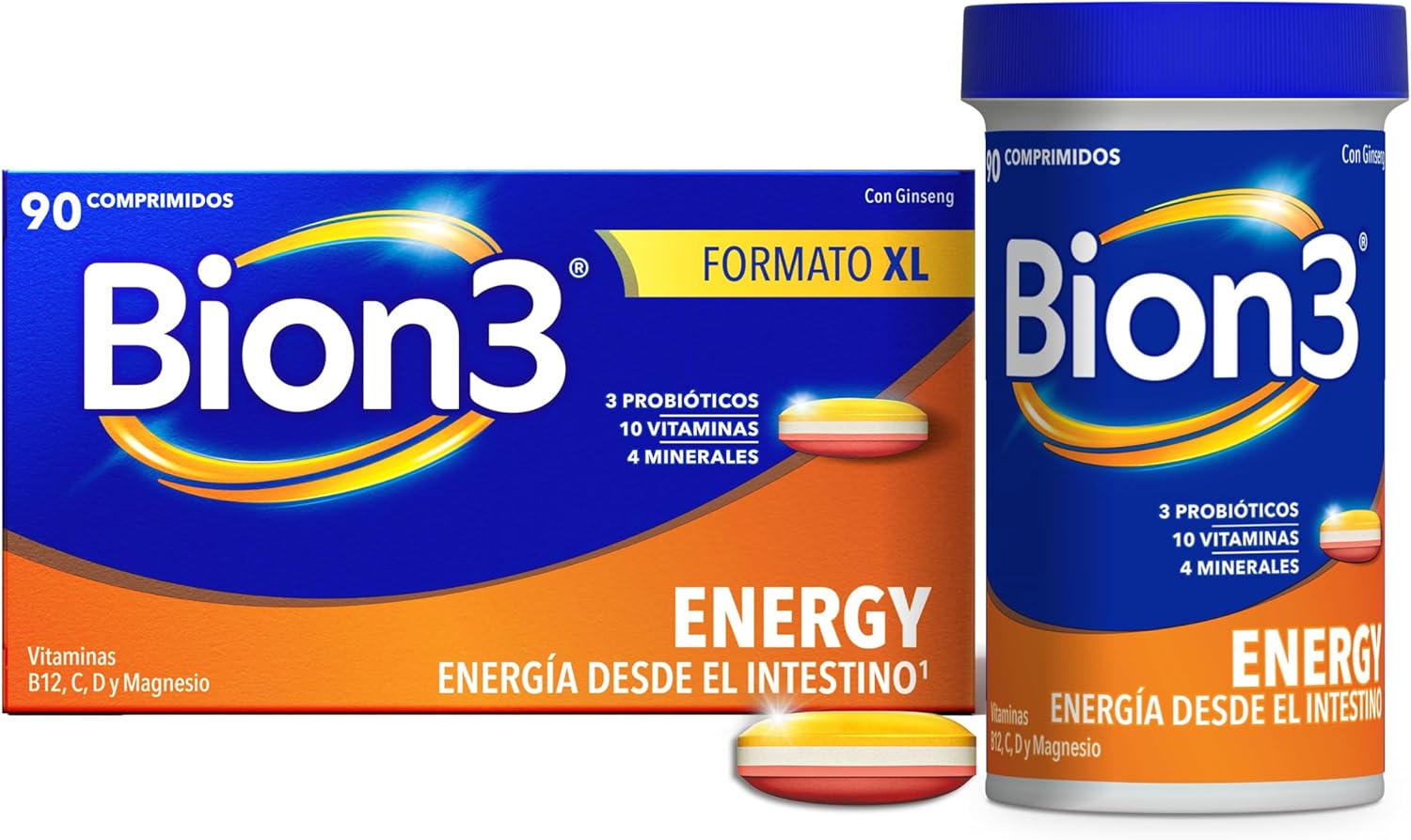 Bion3 Energy Comprimidos multivitamínicos com probióticos, complemento alimentar para energia física e mental¹ e redução de fadiga¹, magnético, vitamina C, D, complexo B e ginseng, 90 comprimidos
