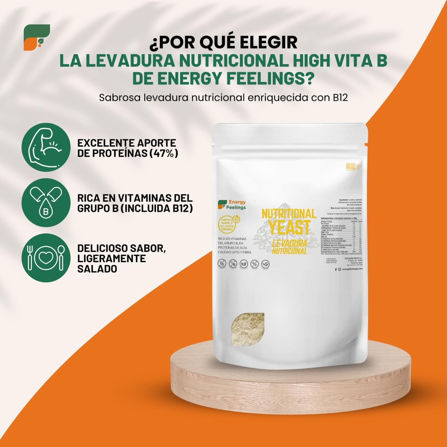 Energy Feelings Levedura nutricional B12, 1 kg, levedura nutritiva em flocos rica em vitamina B e proteínas, 51%, natural Yeast sem glúten, sem açúcar, ideal para queijo vegano