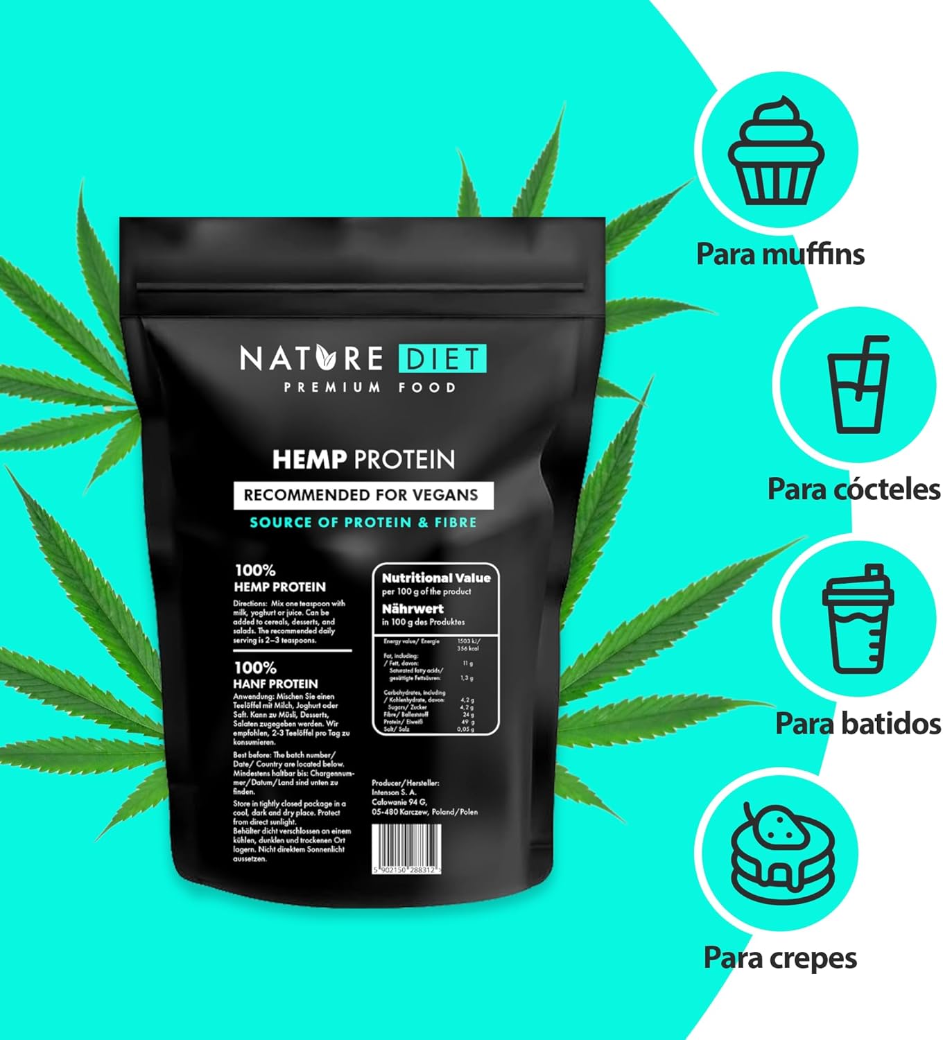 Nature Diet Proteína de cânhamo 1000 g, vegano, pó de proteína, à base de plantas