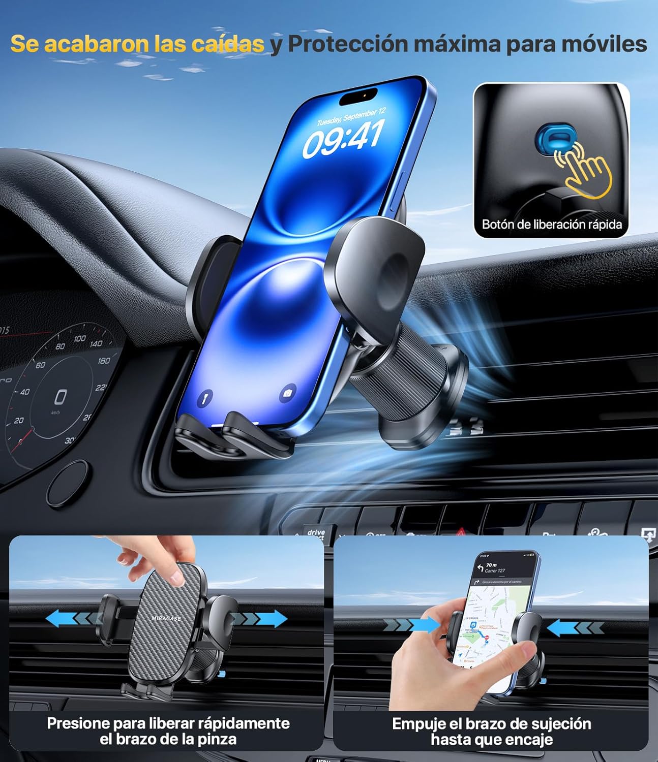 Miracase 2025 Suporte móvel carro [gancho metálico resistente] suporte de telemóvel carro em rotação 360° e manuseio com uma mão, compatível com telemóveis 4,0''-7,0''