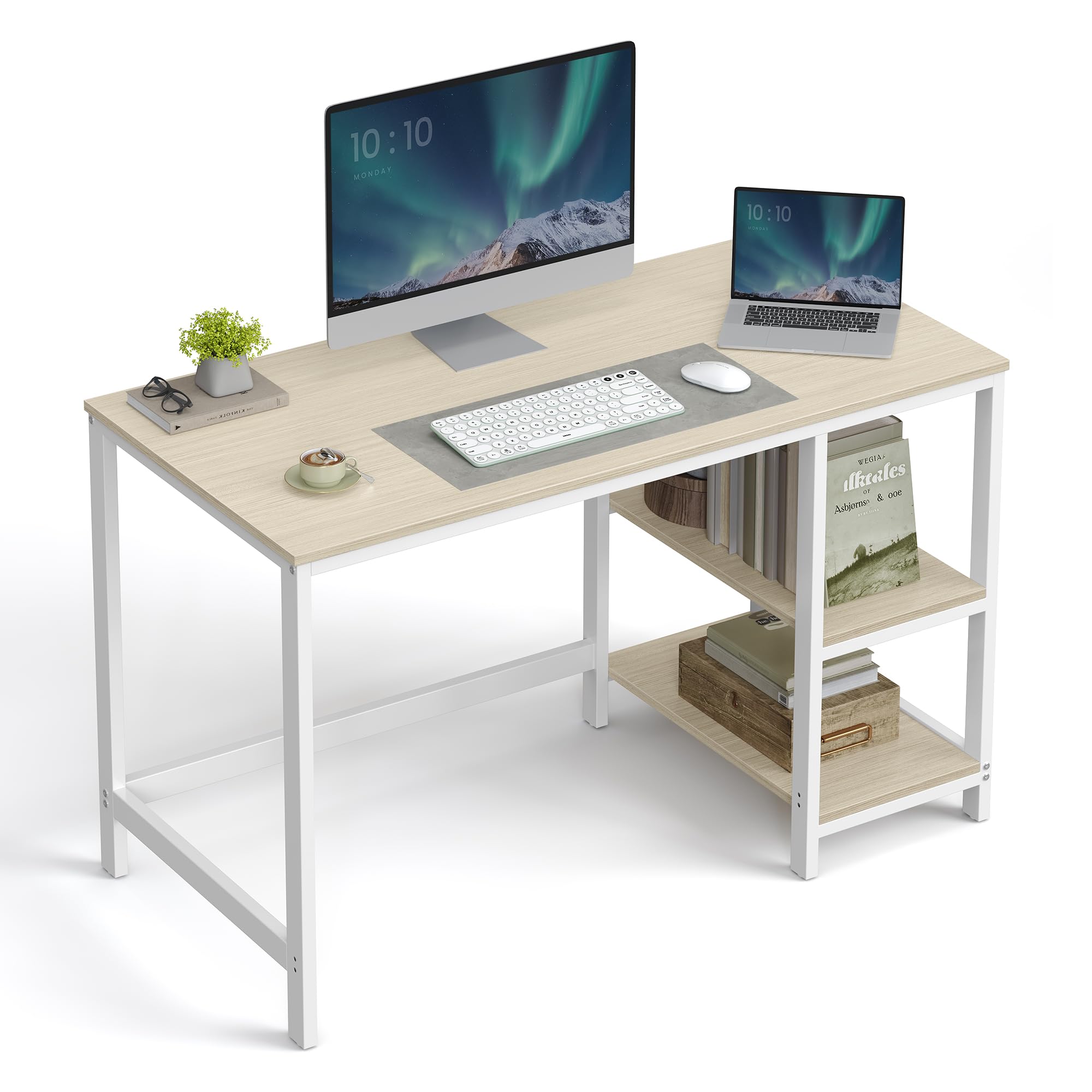 VASAGLE Secretária, mesa de computador, com 2 prateleiras à esquerda ou à direita, para escritório, quarto, estrutura de aço, industrial, castanho rústico e preto LWD47X