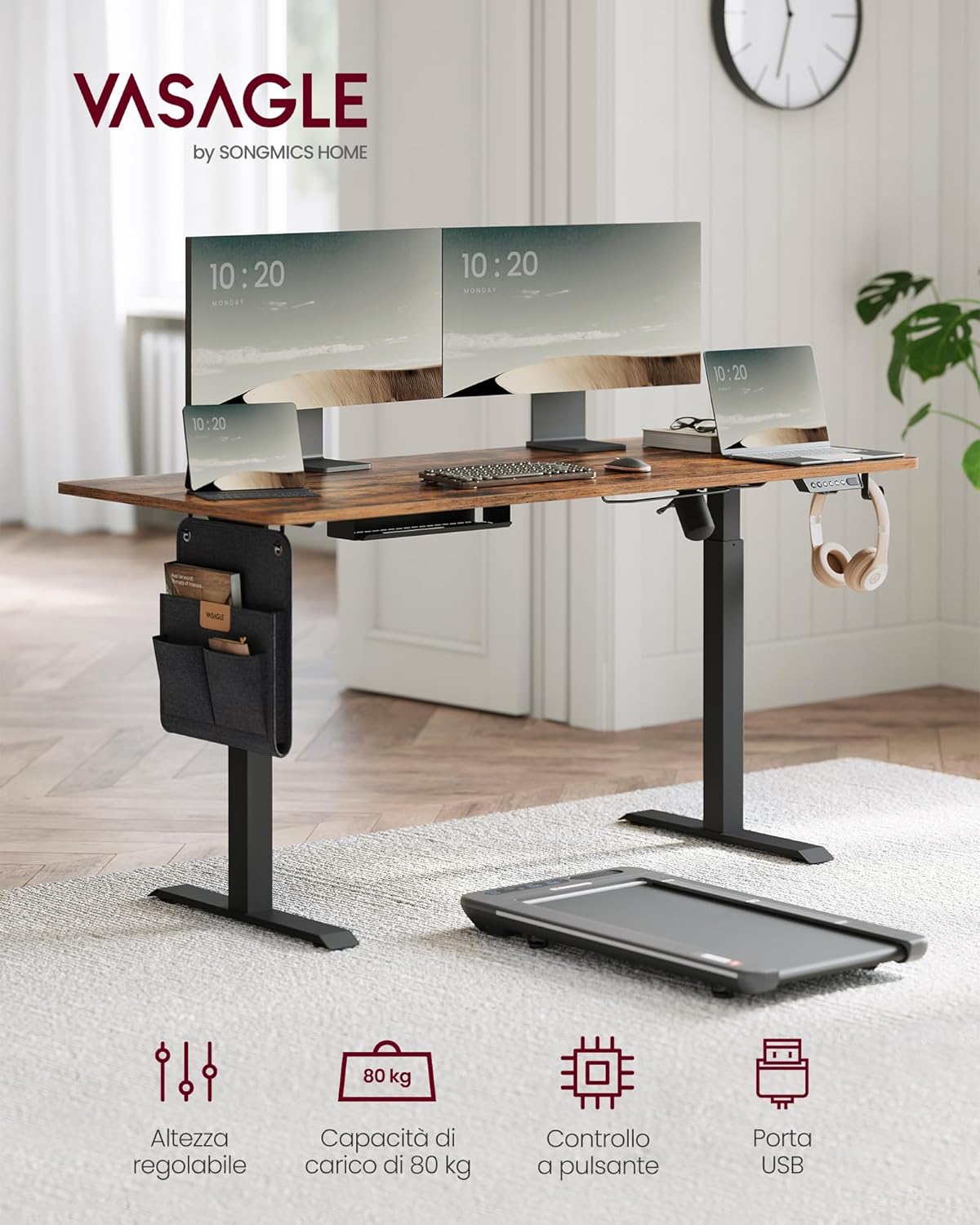 VASAGLE Secretária elétrica de altura regulável, 70 x 160 x (72-120), ajuste contínuo, função de memória com 4 alturas, castanho rústico LSD176X01