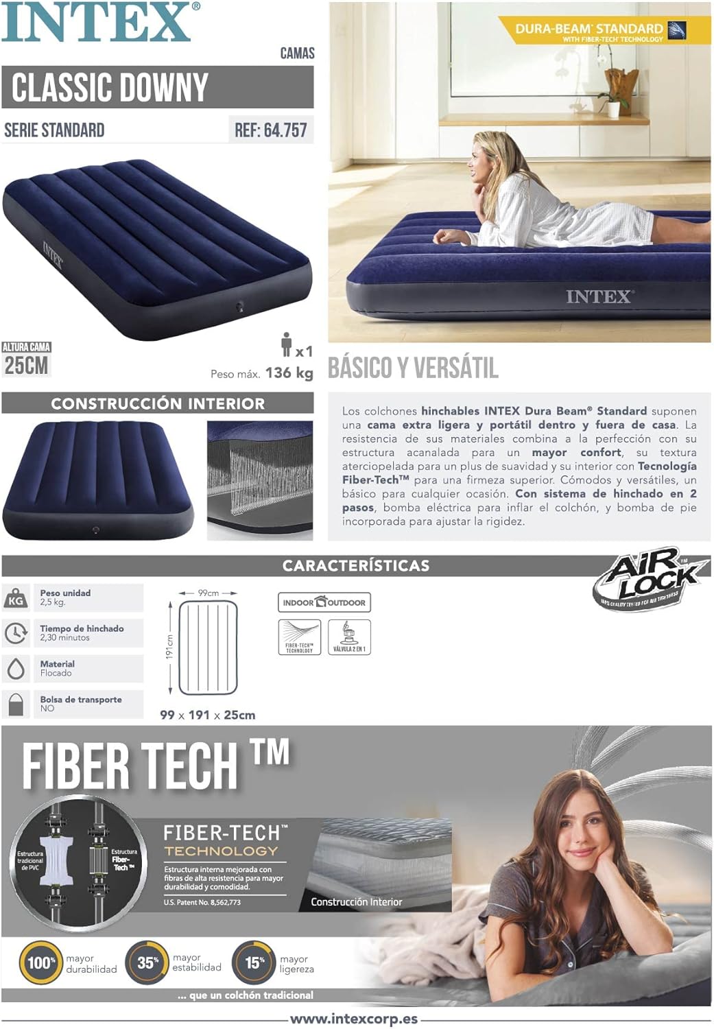 Intex Colchão insuflável Dura-Beam, cama de ar insuflável para campismo cor azul, campismo