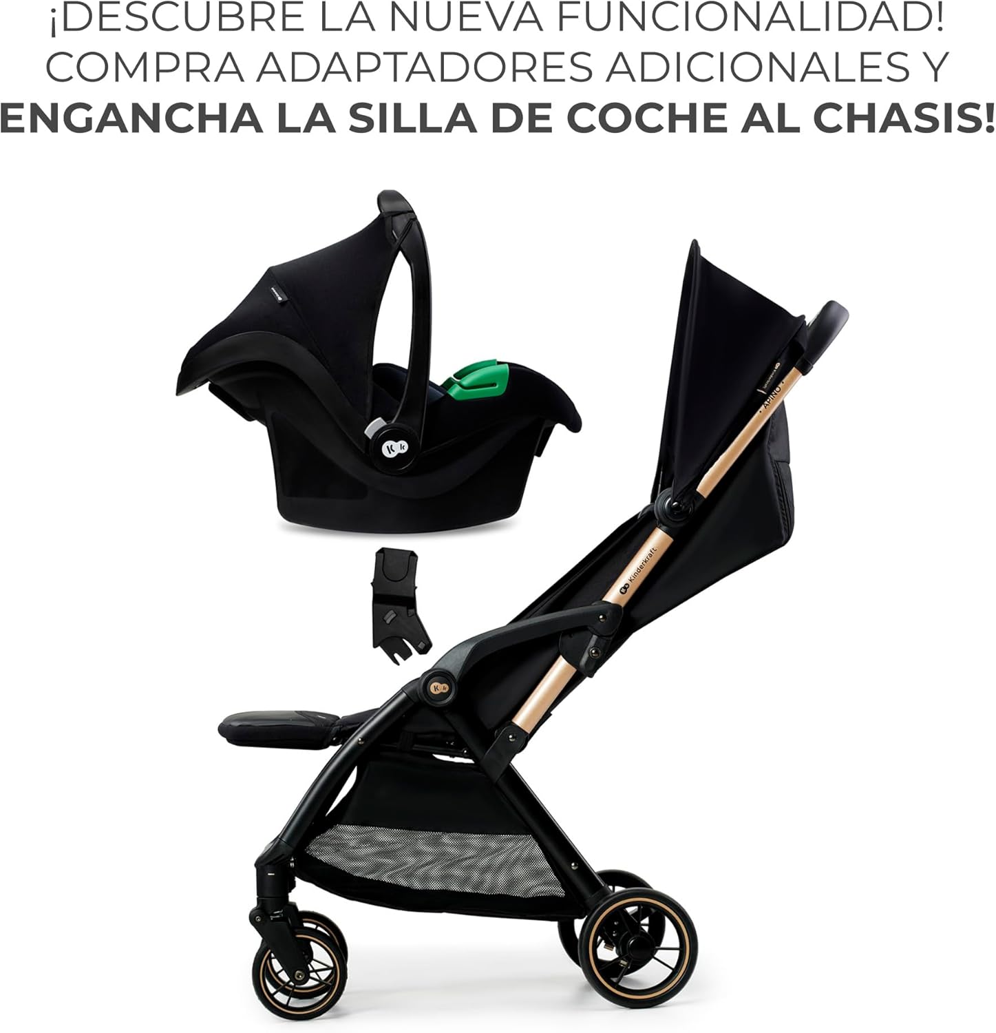 Kinderkraft APINO Cadeira de passeio para bebé, carrinho, carrinho de bebé, carro FOLDING, dobrável automático, posição reclinada, posição deitada, leve, 7,5 g, impermeável, carga máxima 24 kg, preto
