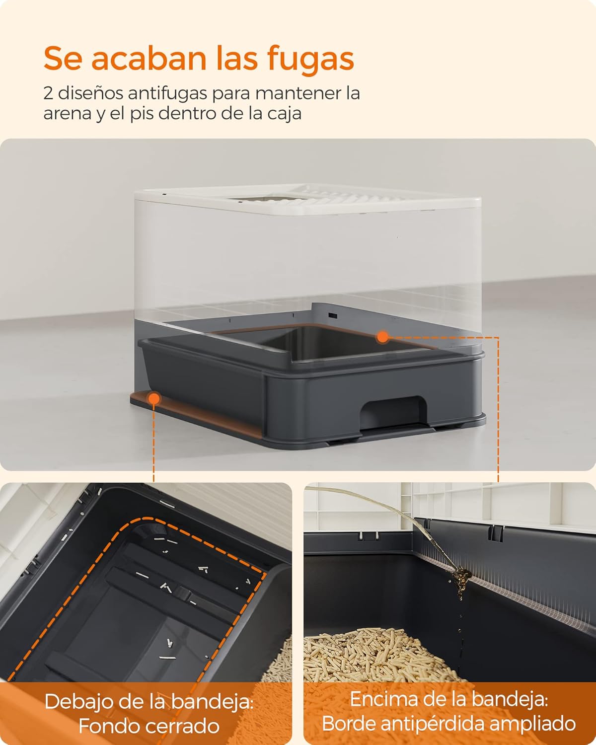 Feandrea Areia para gatos, caixa de areia com bandeja removível, pá, escova, espaço para gatos grandes, carga de 15 kg, anti-filtração, anti-fugas, bege e preto PPT001W01