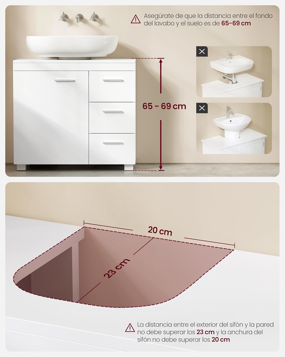 VASAGLE Móveis de lavatório baixo, armário de casa de banho, 3 gavetas, 2 compartimentos atrás da porta, adequado para lavatórios com pedestal, com pés, 30 x 70 x 64 cm, branca nuvem BBK504W01