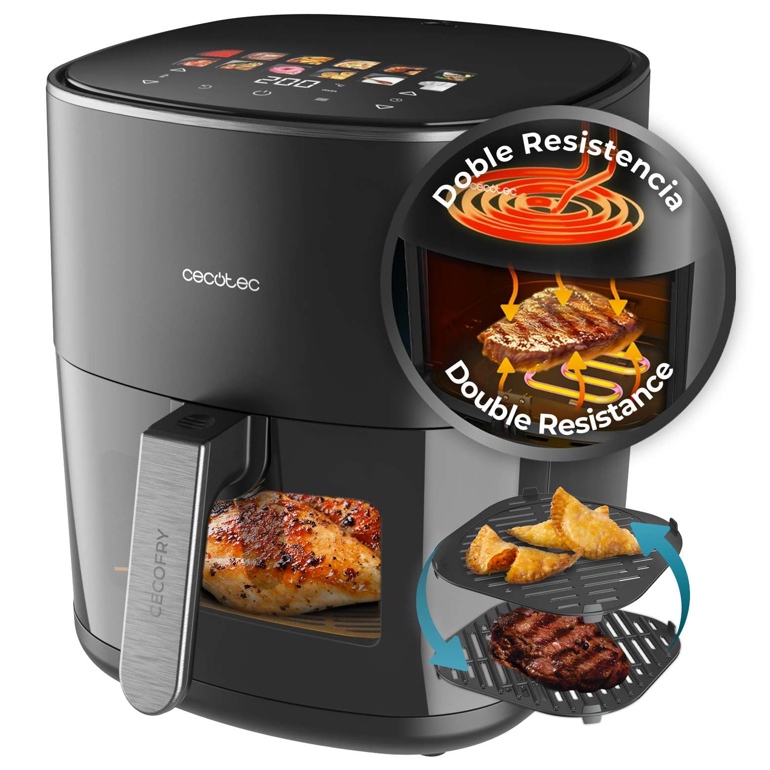 Cecotec Frigideira de ar 10 L, 4 resistências, Air Fryer, Cecofry&Grill Duoheat 10000. 2800 W, Dourado perfeito e sabor de grelha em carnes, parede divisória móvel, temperatura dupla, 10 menus