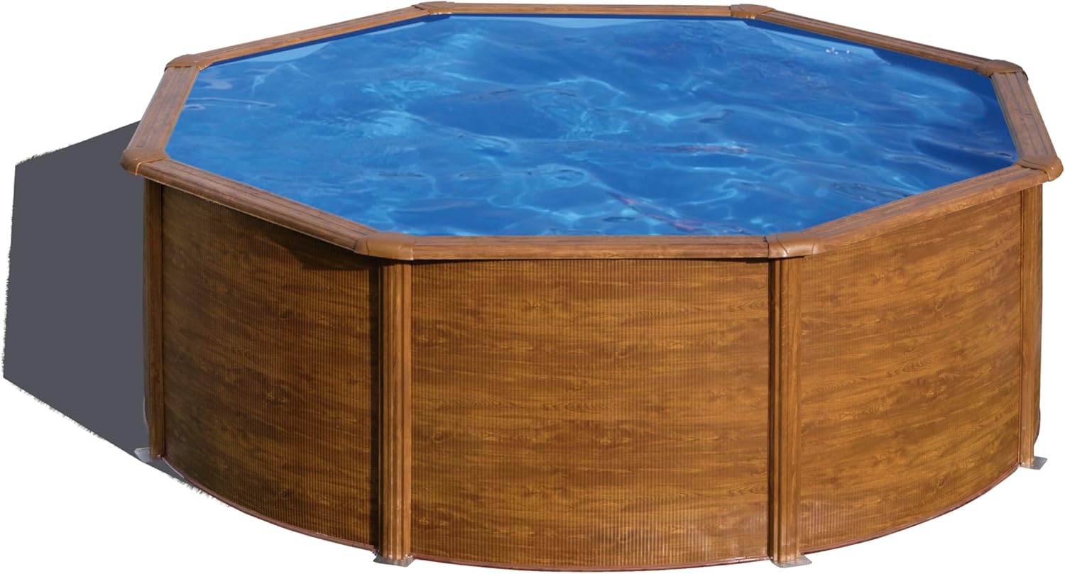 Gre KIT300W Piscina de aço elevada, redonda com aspeto de madeira, piscinas removíveis para jardim, 300 x 120 cm, pacífico