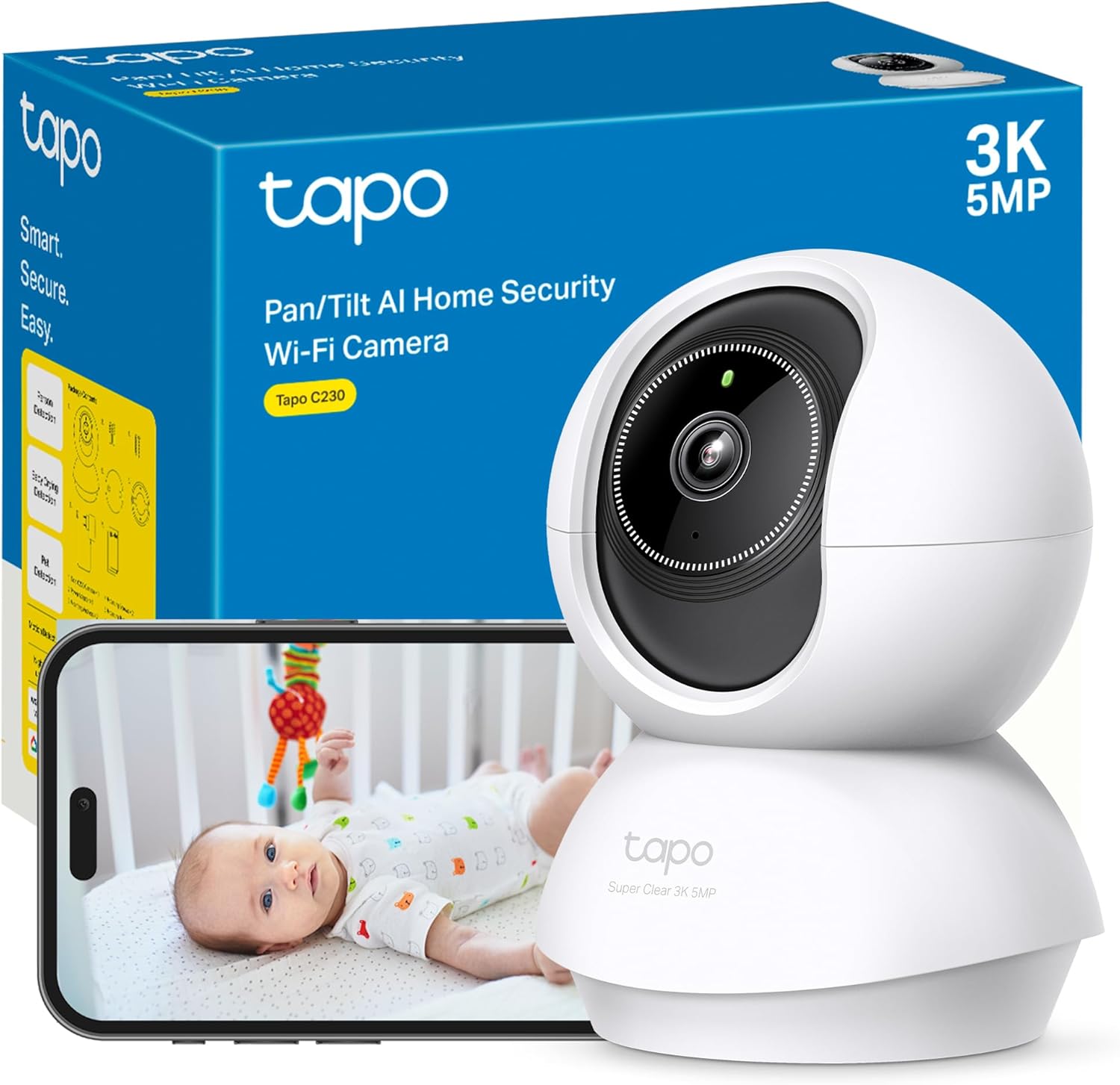 Tapo C230 - IA Cámara Vigilancia 360°, 3K 5MP, Alarma Sonora/Luz, Visión Nocturna, Audio Bidireccional, AI Detección Movimiento, Control Google/Alexa, Tarjeta SD hasta 512G, Fácil configuración