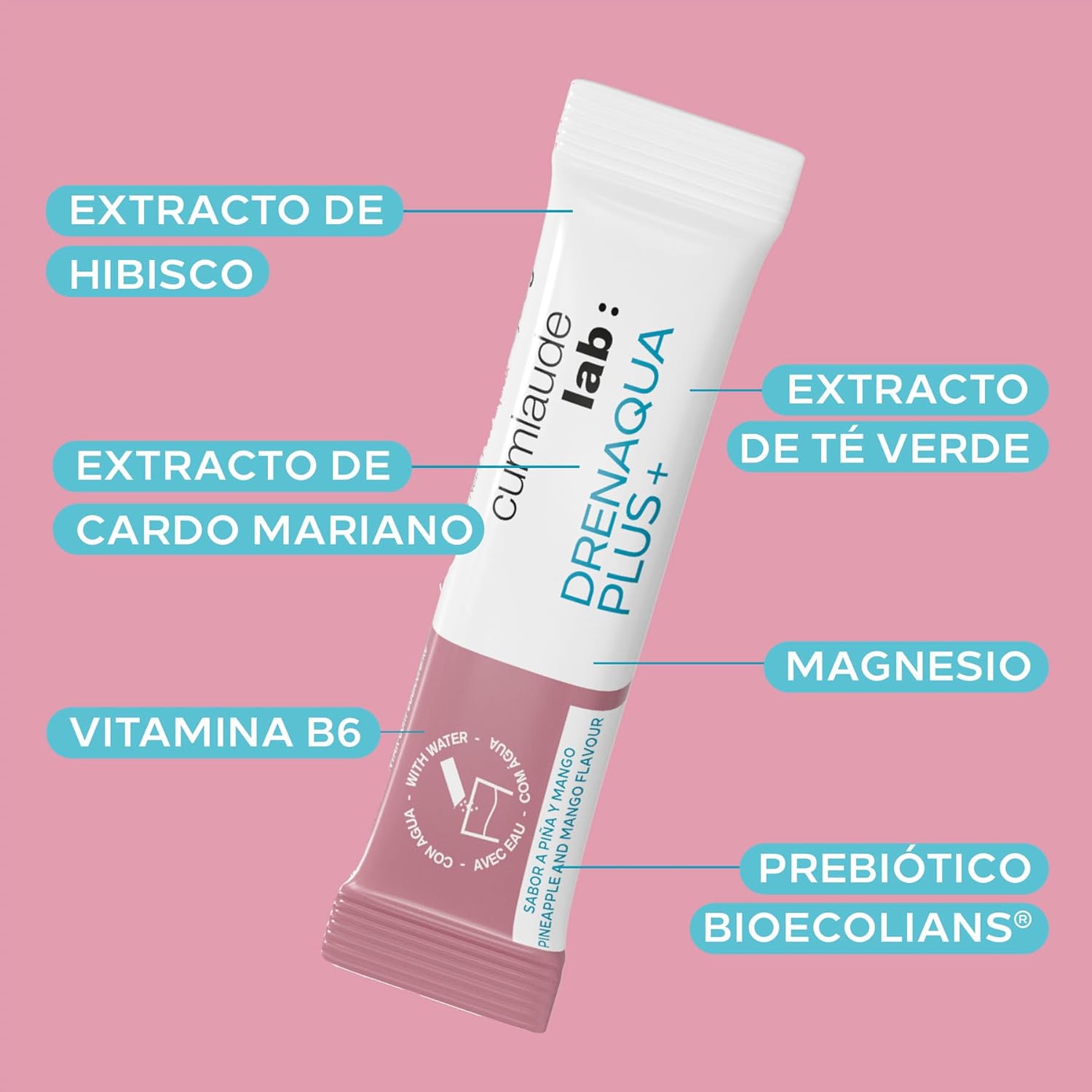 Cumlaude Lab - Drenaqua Plus+, complemento alimentar, ajuda à drenagem e retenção de líquidos, com chá verde, ibisco, pré-biótico, cardo mariano, magnésio e vitamina, sabor ananás e manga - 14 Sticks