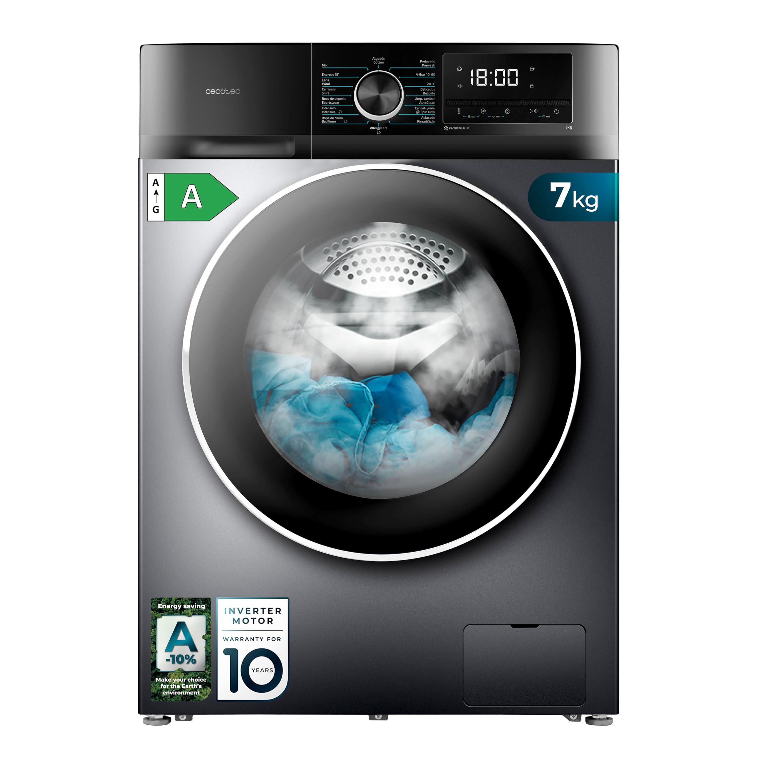 Cecotec Lavadora 10 kg de carga frontal Bolero Dresscode 10500 Inverter A. 1950W, 1400 rpm, Inverter Motor Plus, baixo consumo, 16 programas, lavagem a vapor, Delay Start, branca