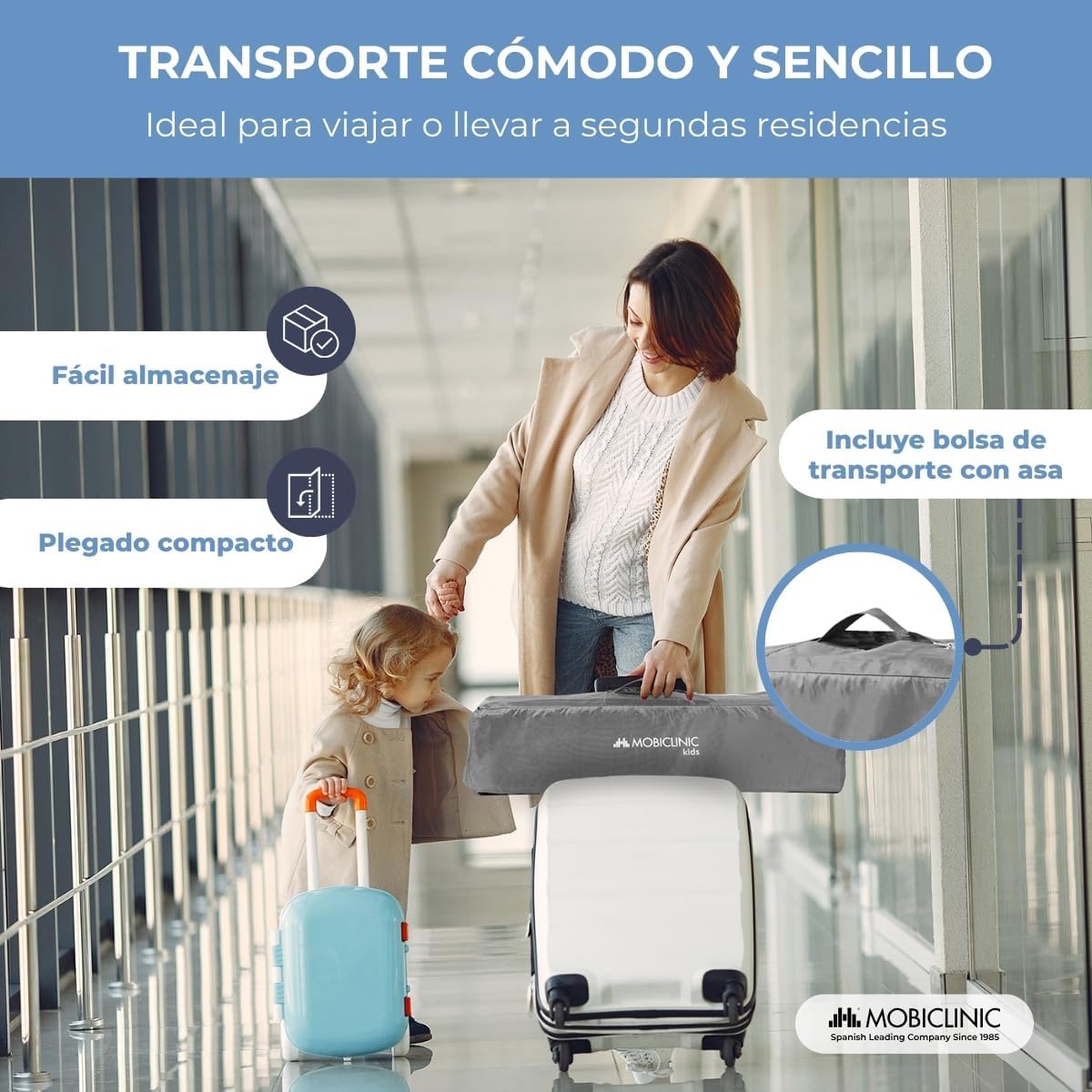 Mobiclinic®, Cuna de Viaje, Bolsa Transporte, 2 en 1, Plegado ultracompacto, Colchón extraíble, Mofli, hasta 15kg, Tela Transpirable, Entrada Lateral con Cremallera, Parque bebé, Ruedas (Gris)