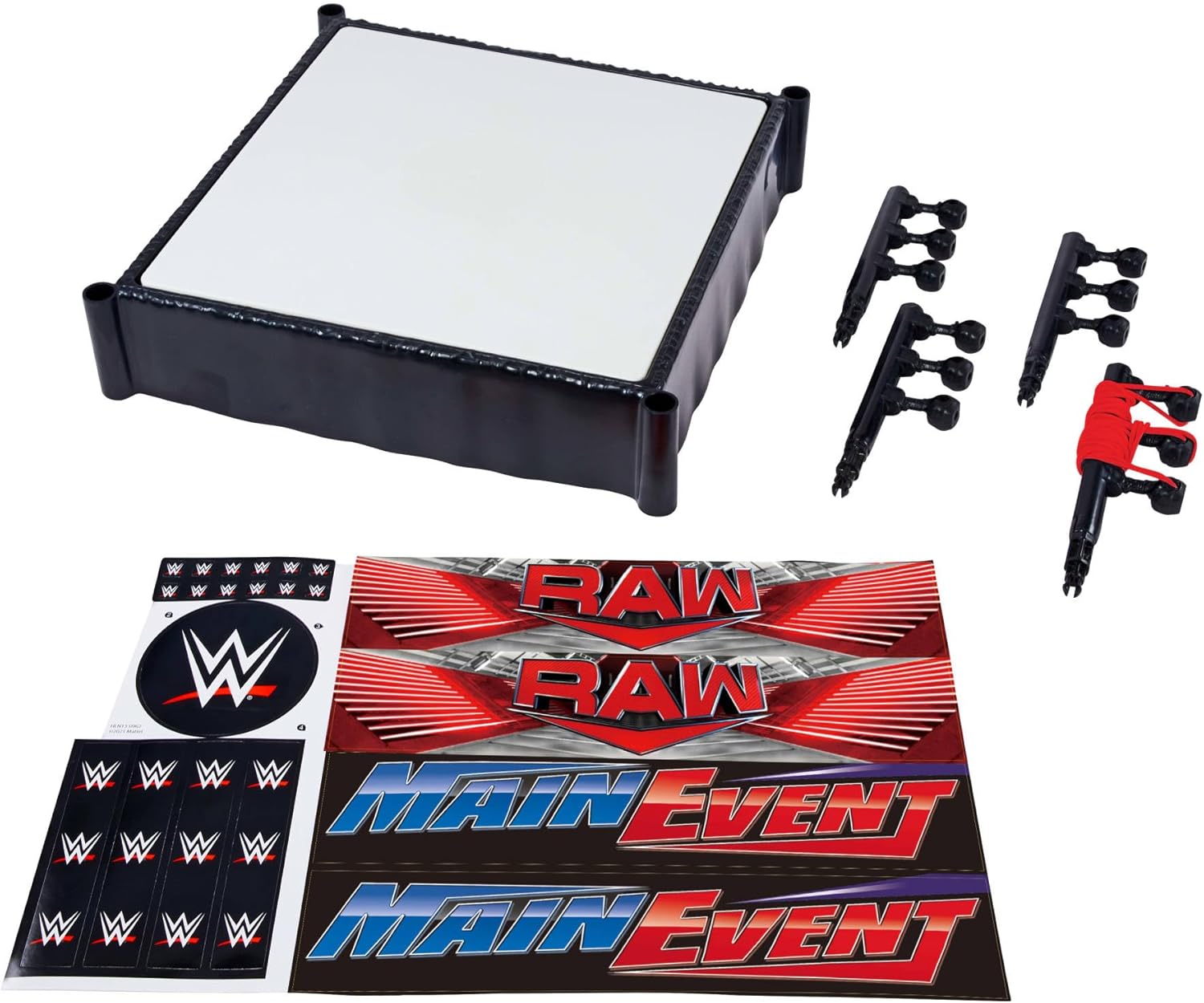 Mattel WWE Ring de superestrelas com autocolantes Main Event e RAW, tapete com molas e cordas elásticas esticadas, JDJ20