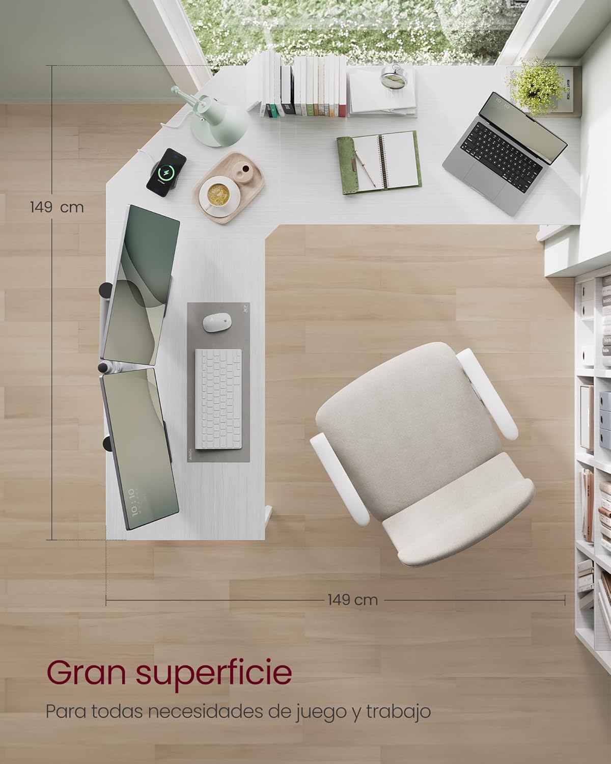 VASAGLE Escritório de canto, mesa em forma de L, 149 x 149 x 76 cm, economiza espaço, escritório em casa, jogos, branco Bordo LWD073W01