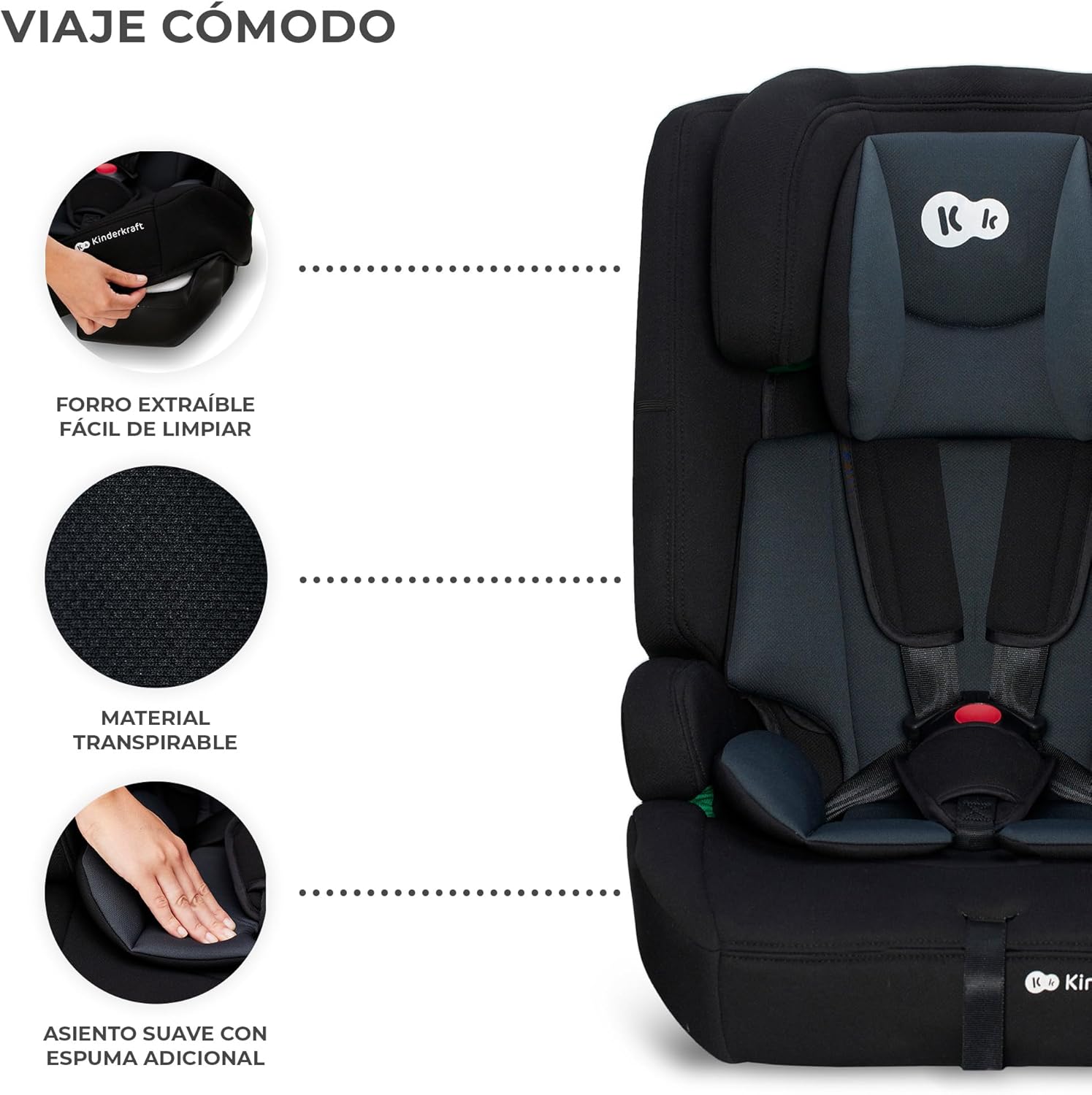Kinderkraft SAFETY FIX 2 I-SIZE 75-150 cm Cadeira de carro grupo 1 2 3 isofix, assento largo e macio para criança, arnês interior de 5 pontos, ajuste de apoio, redutor modular, preto